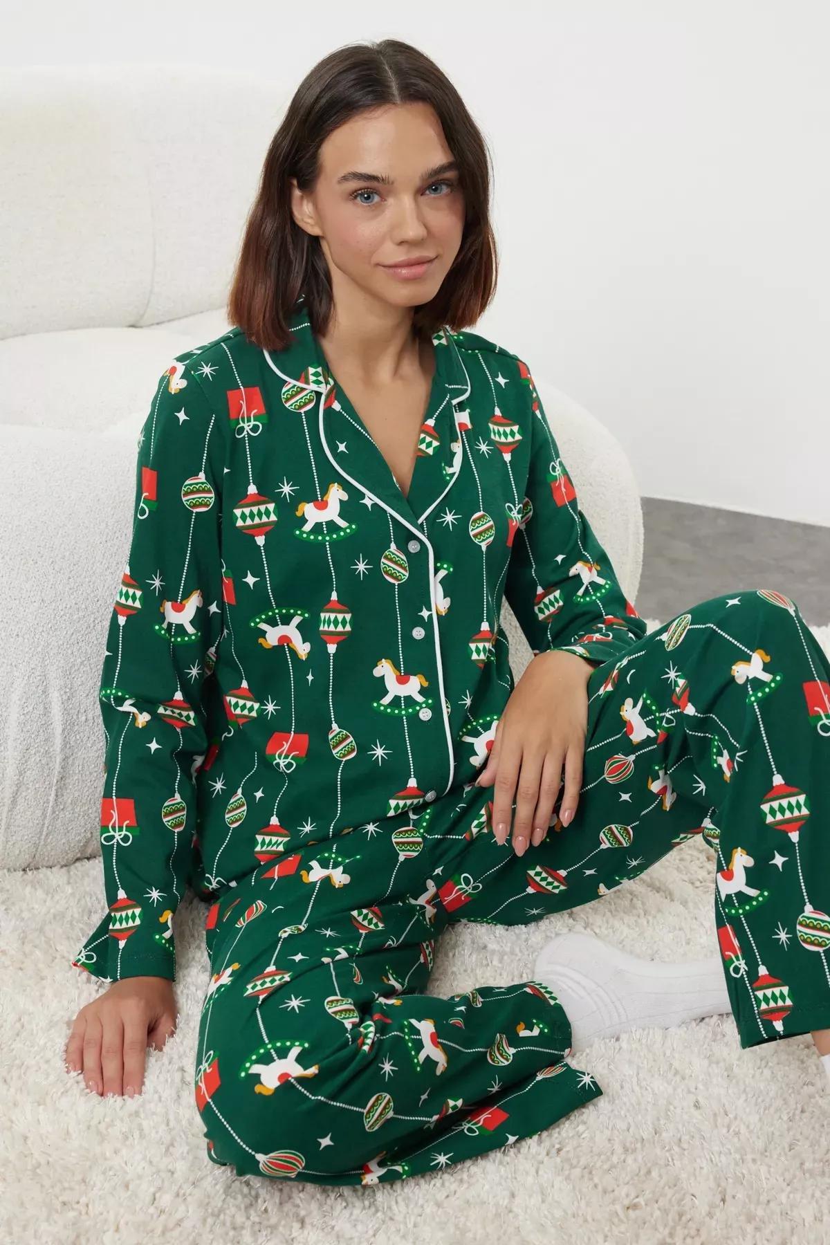 Green Cotton Themed Knitted Pyjamas Set, Green, medium