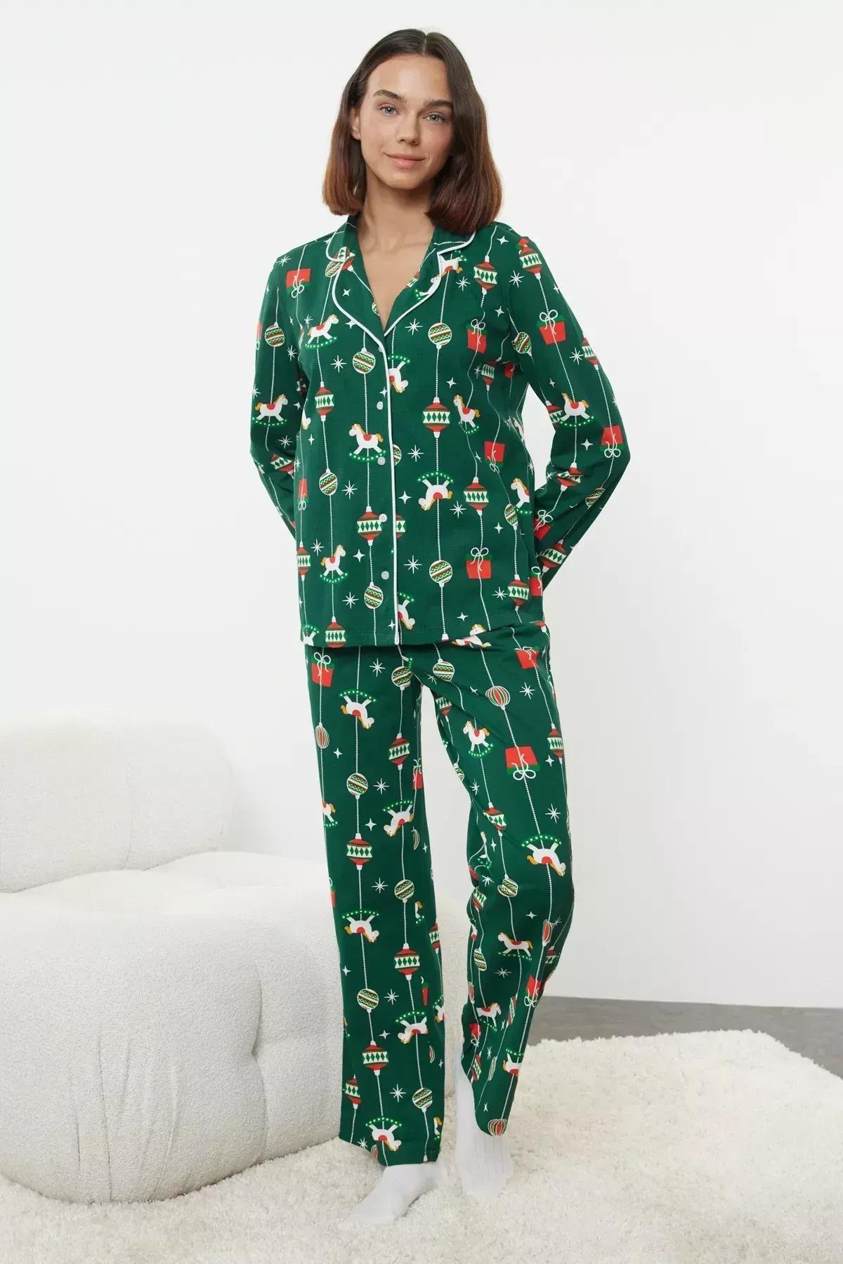 Green Cotton Themed Knitted Pyjamas Set, Green, medium