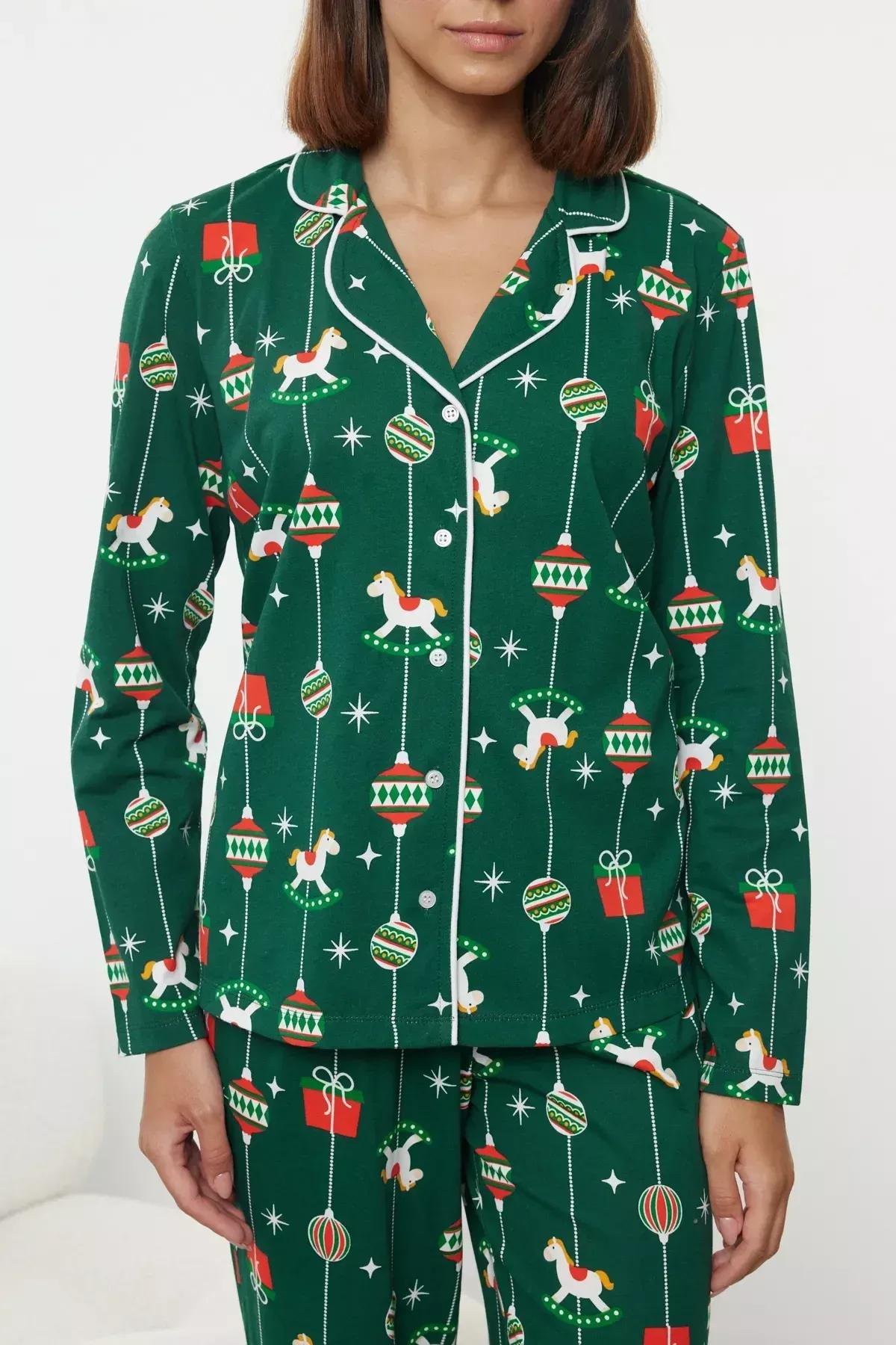 Green Cotton Themed Knitted Pyjamas Set, Green, medium