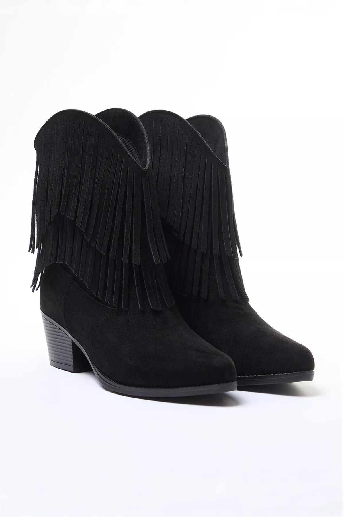 Black Suede Tassel Heel Boots, , large image number 1