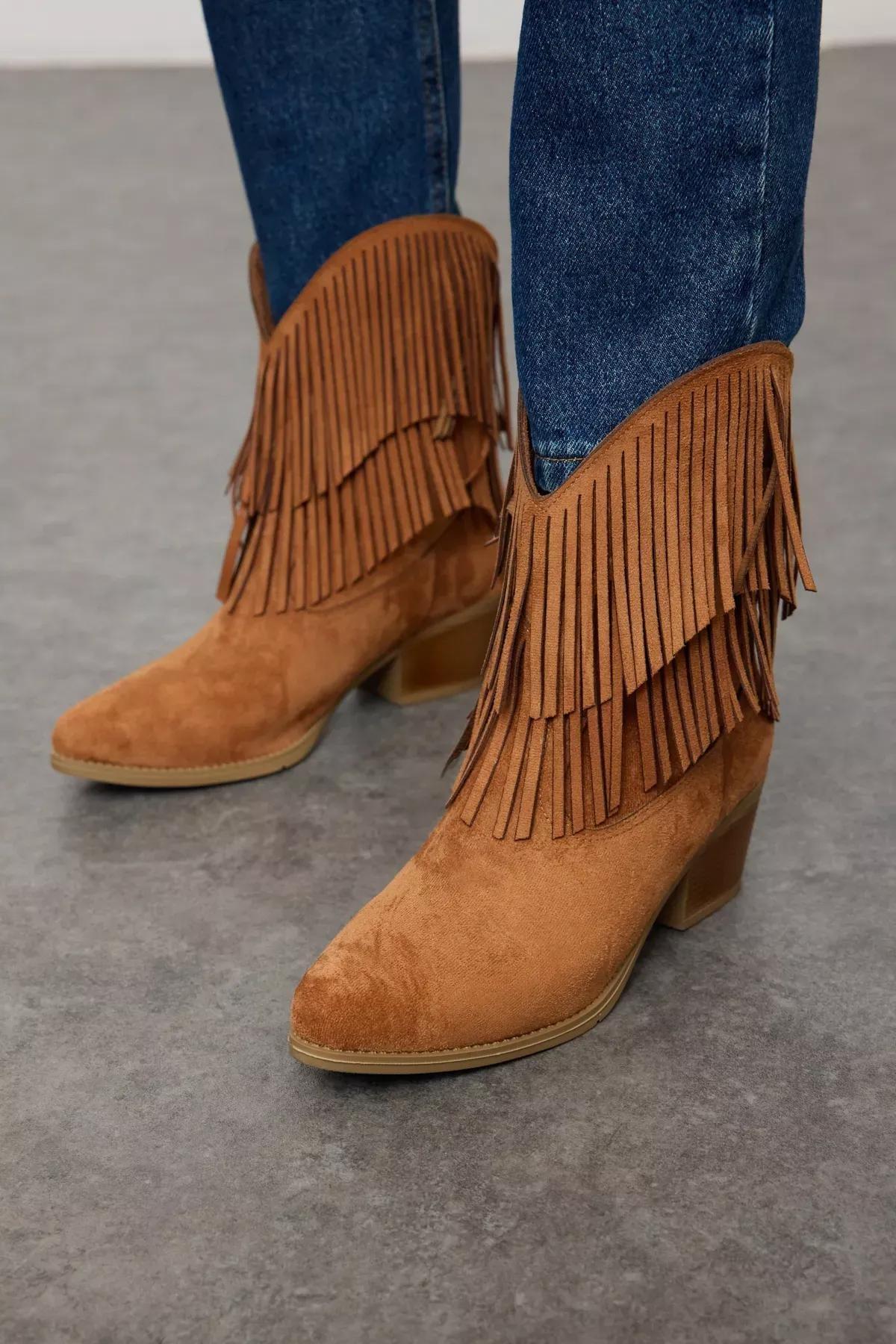 Brown Tasselled Cowboy Block Heeled Boots, , large image number 1