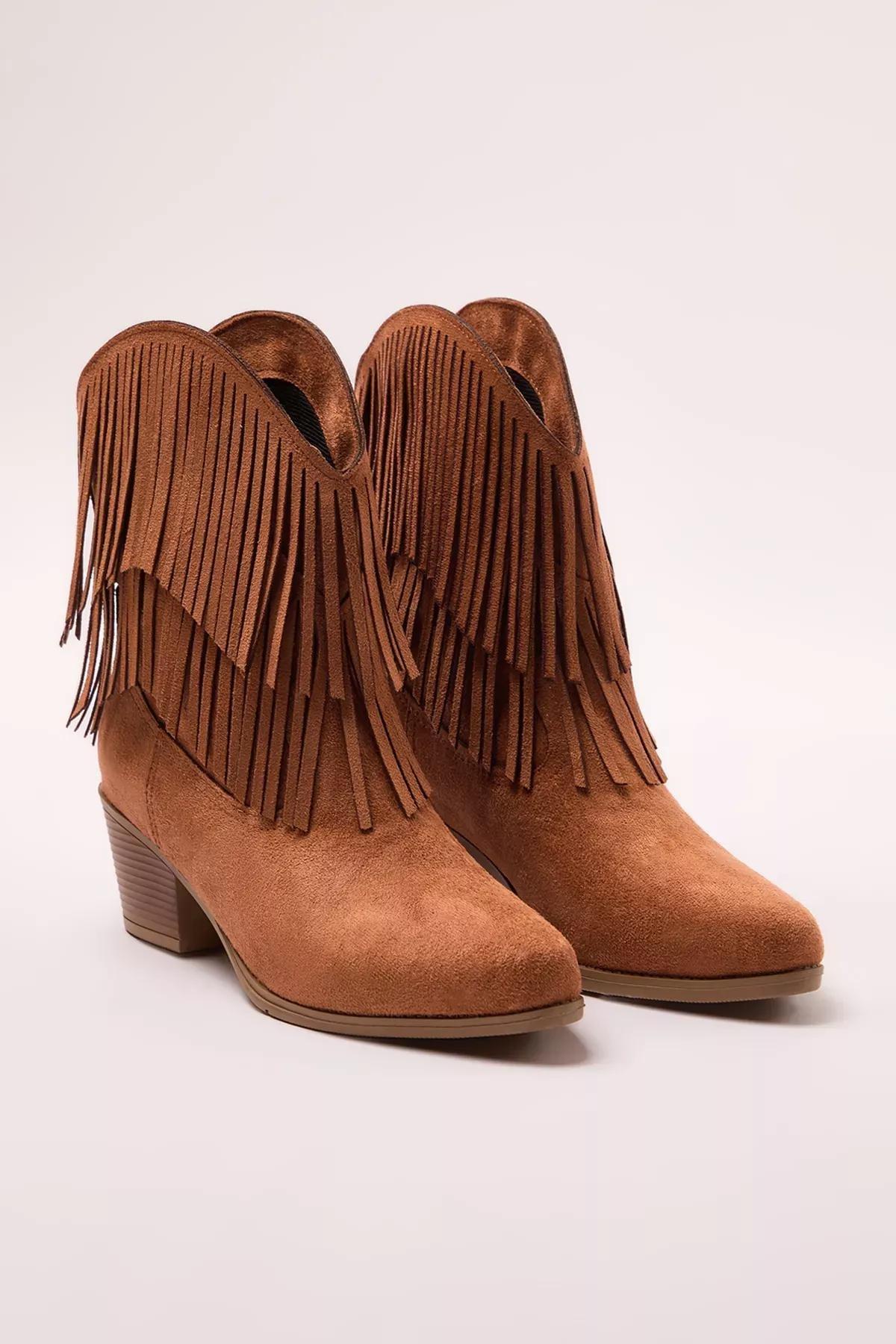 Brown Tasselled Cowboy Block Heeled Boots, , large image number 2