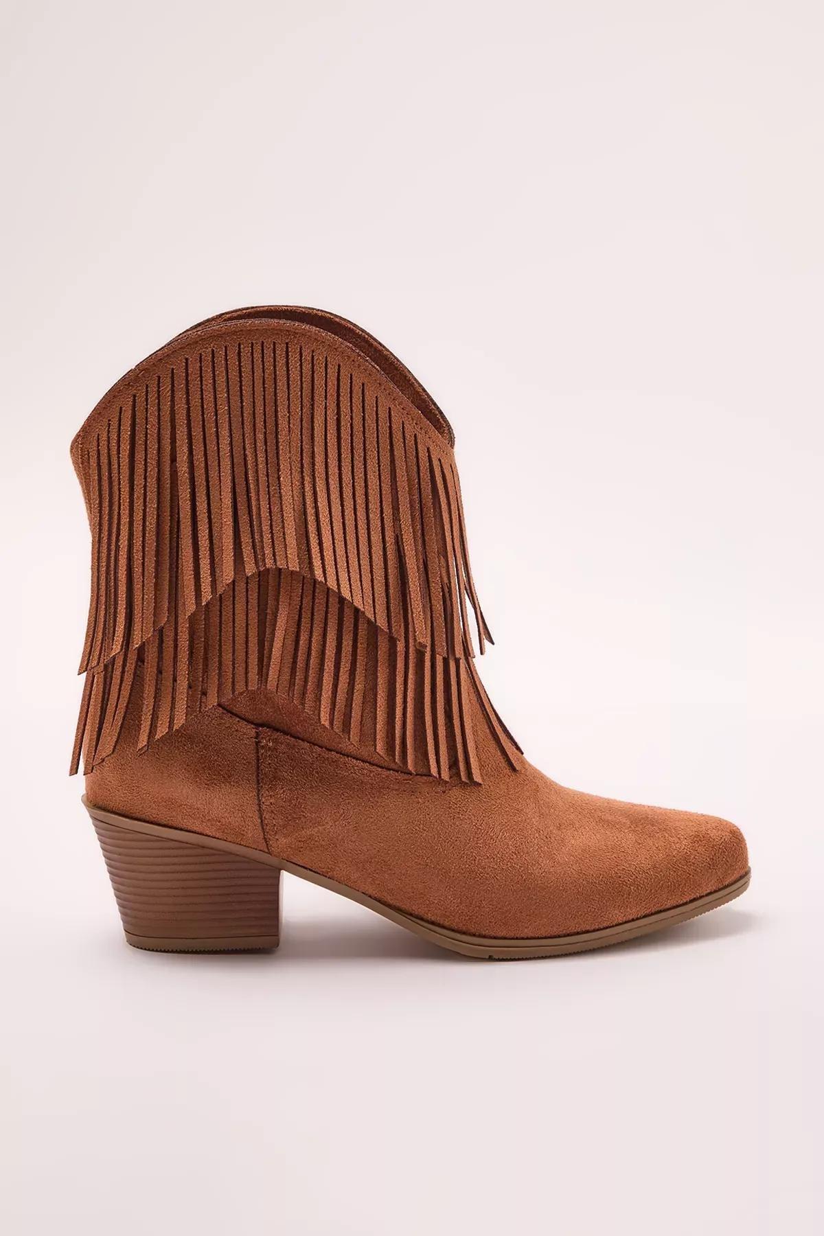 Brown Tasselled Cowboy Block Heeled Boots, , large image number 3