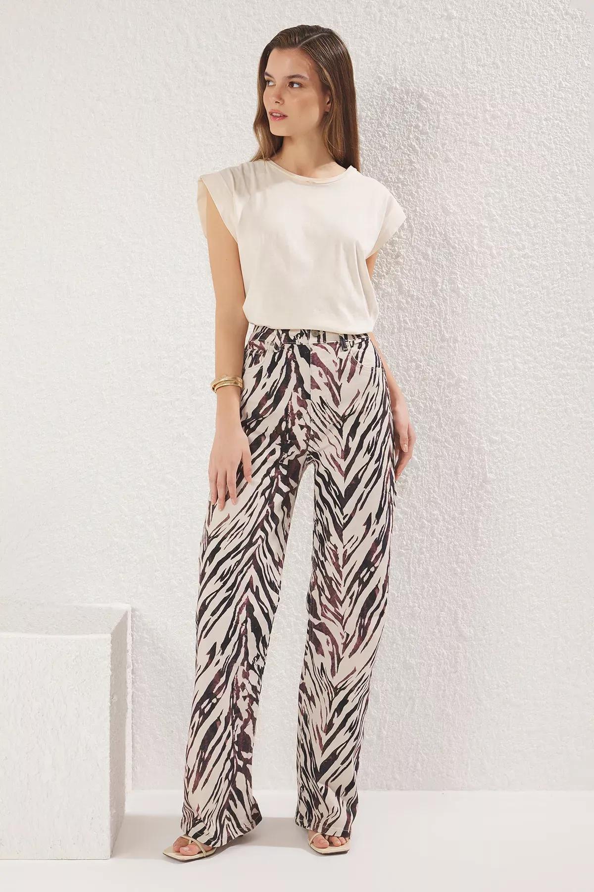 Brown Animal Print Wide Jeans, , large image number 0