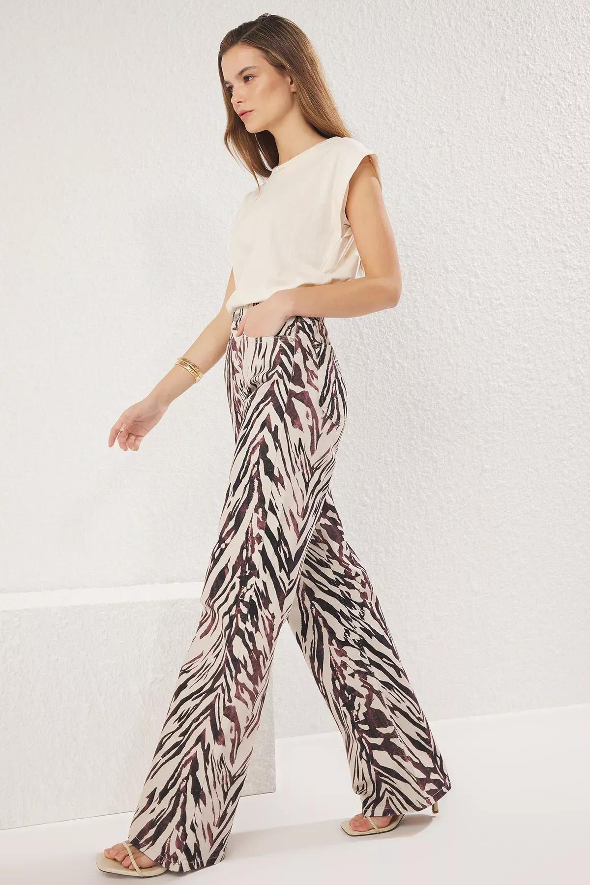 Brown Animal Print Wide Jeans, , large image number 1