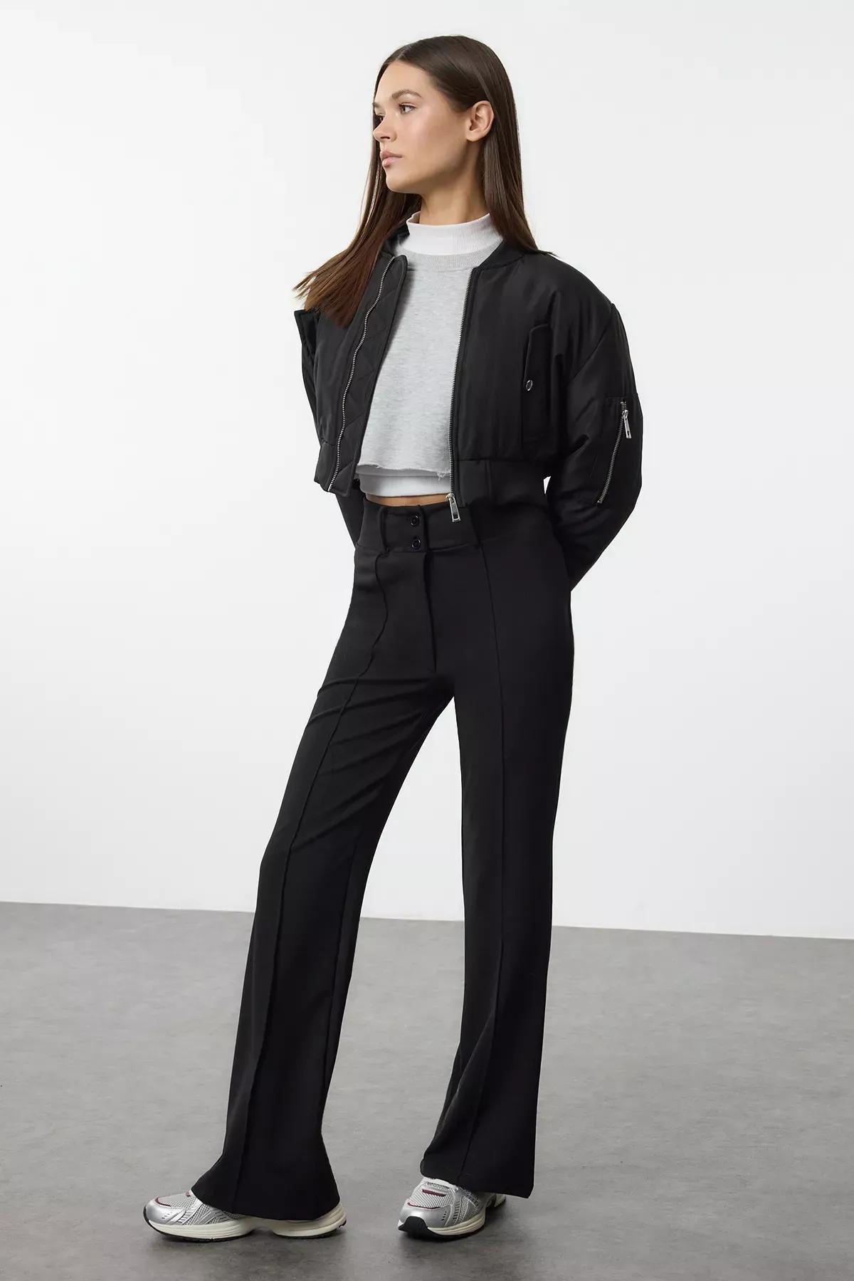 Black Flare Ribbed Knit Trousers, , large image number 1