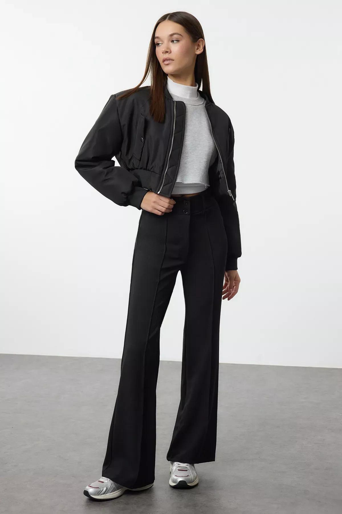 Black Flare Ribbed Knit Trousers, , large image number 2