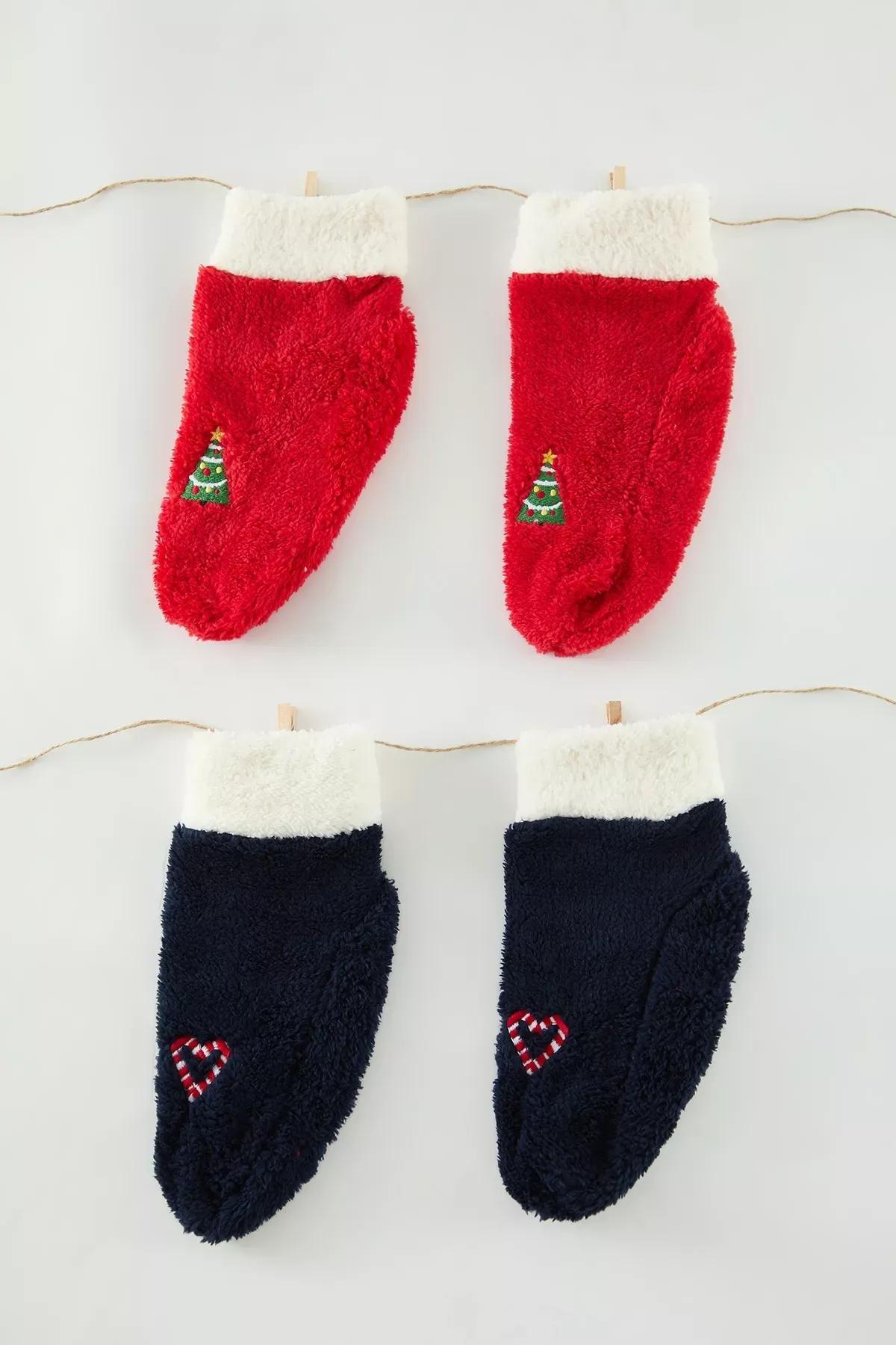 Multicolour Themed Embroidered Terry Knitted Socks, Set Of 2, C101_6483, large image number 1