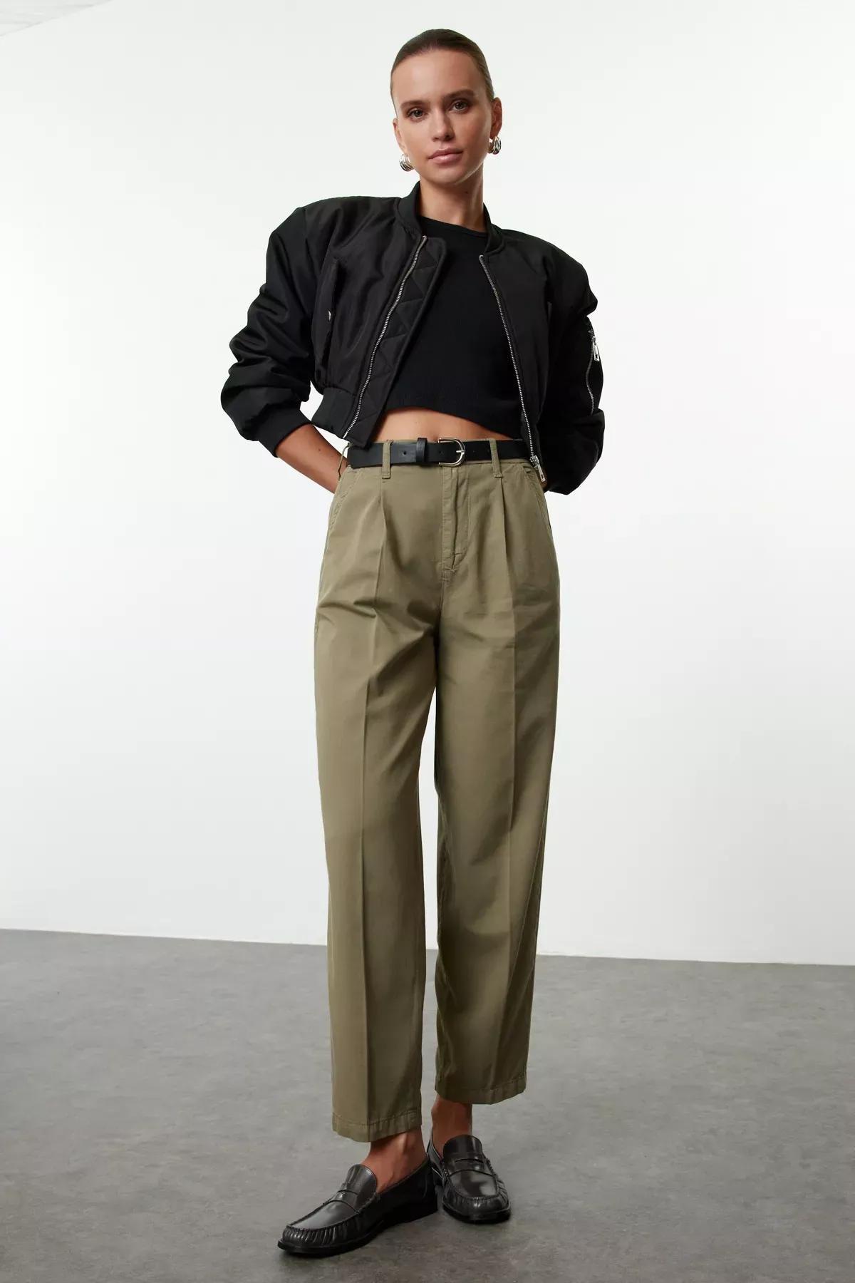 Green Belted Mom Jeans, , large image number 0