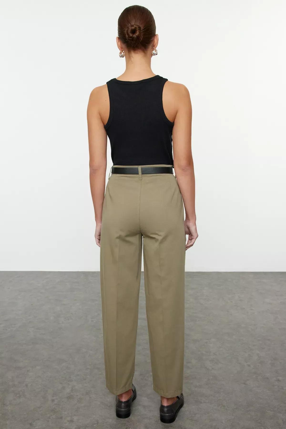 Green Belted Mom Jeans, Khaki, large image number 4