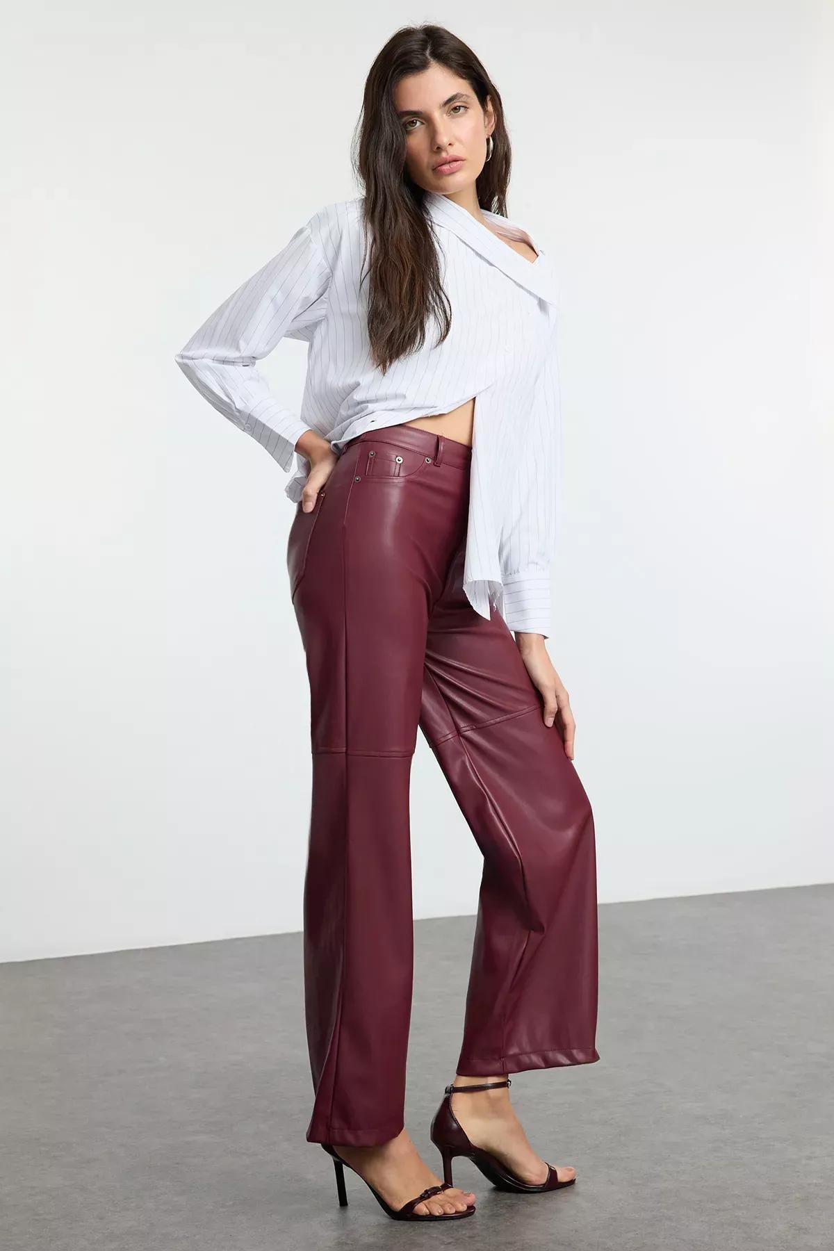 Red Straight Trousers, Burgundy, large image number 1