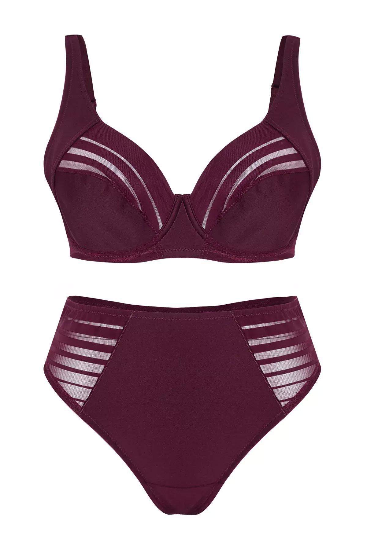 Burgundy Striped Underwire Lingerie Sets, , large image number 0
