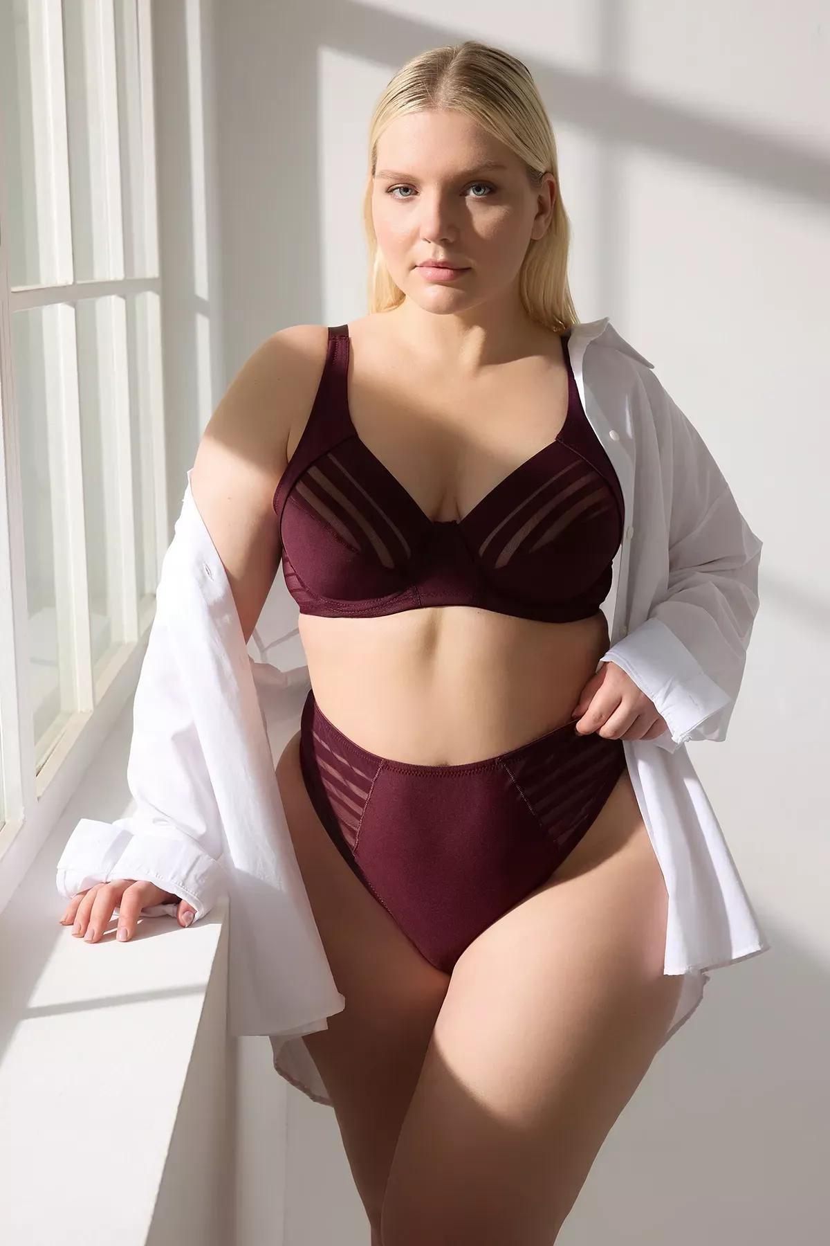 Burgundy Striped Underwire Lingerie Sets, , large image number 1