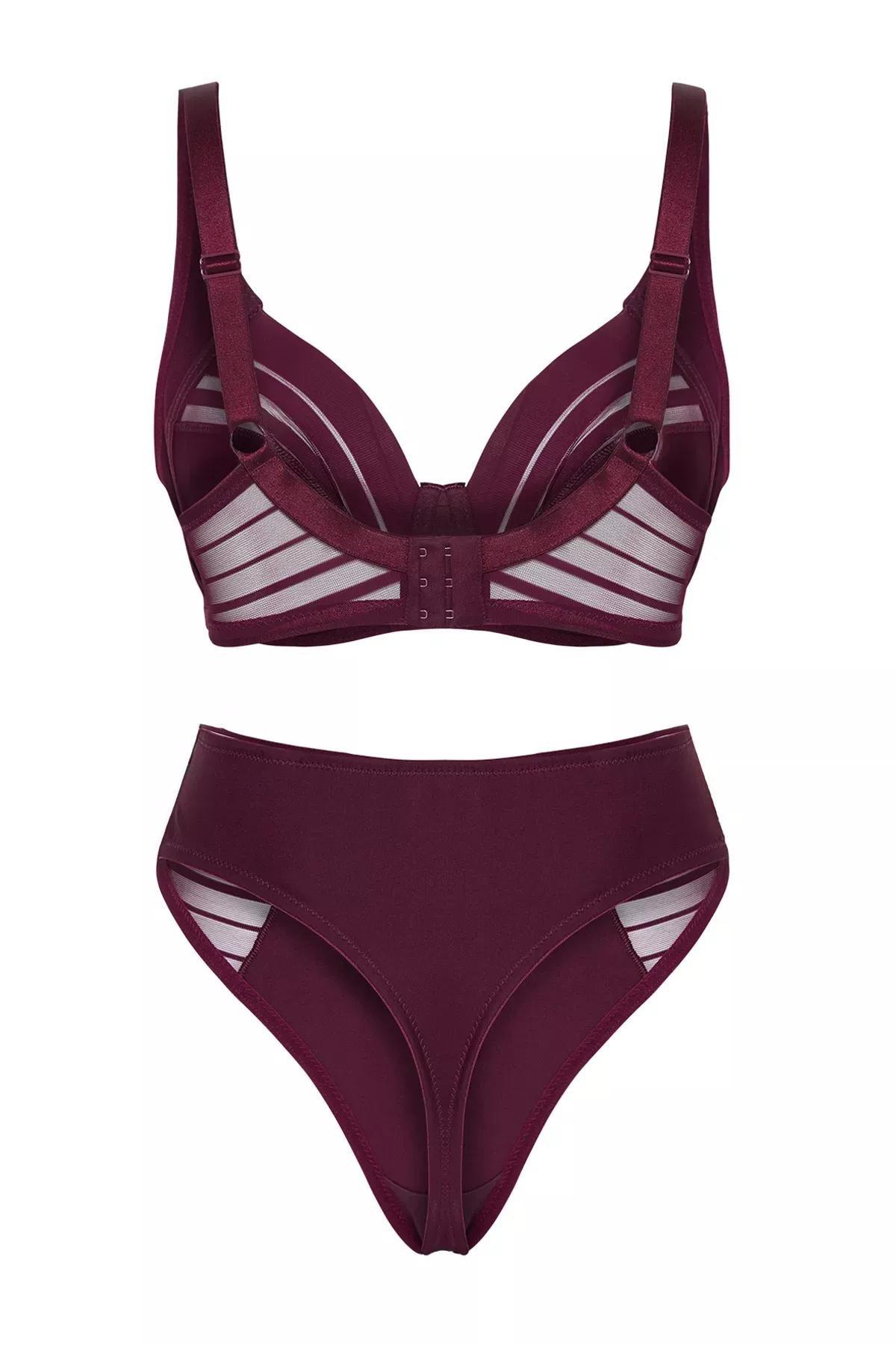 Burgundy Striped Underwire Lingerie Sets, , large image number 3