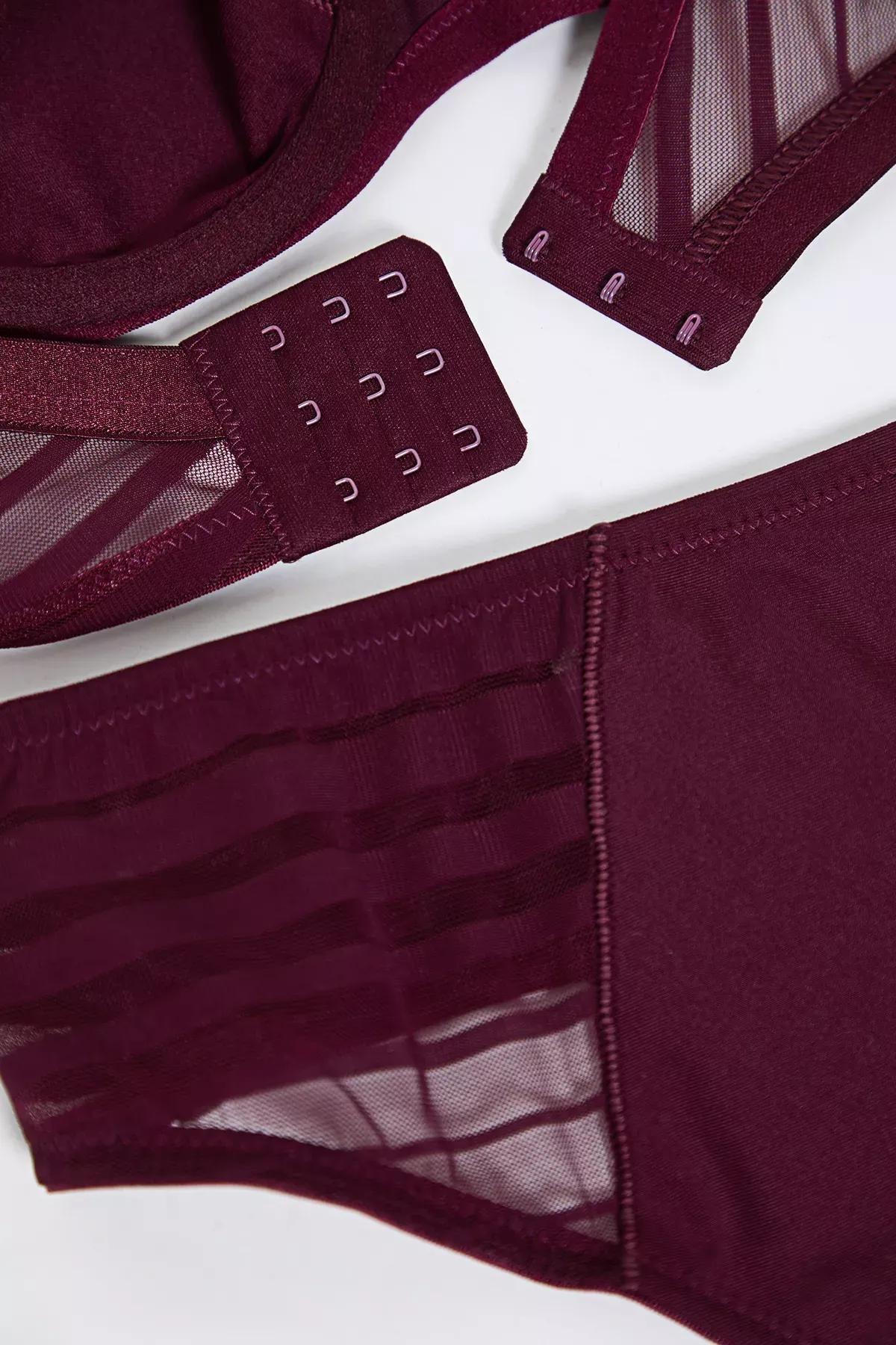 Burgundy Striped Underwire Lingerie Sets, , large image number 4