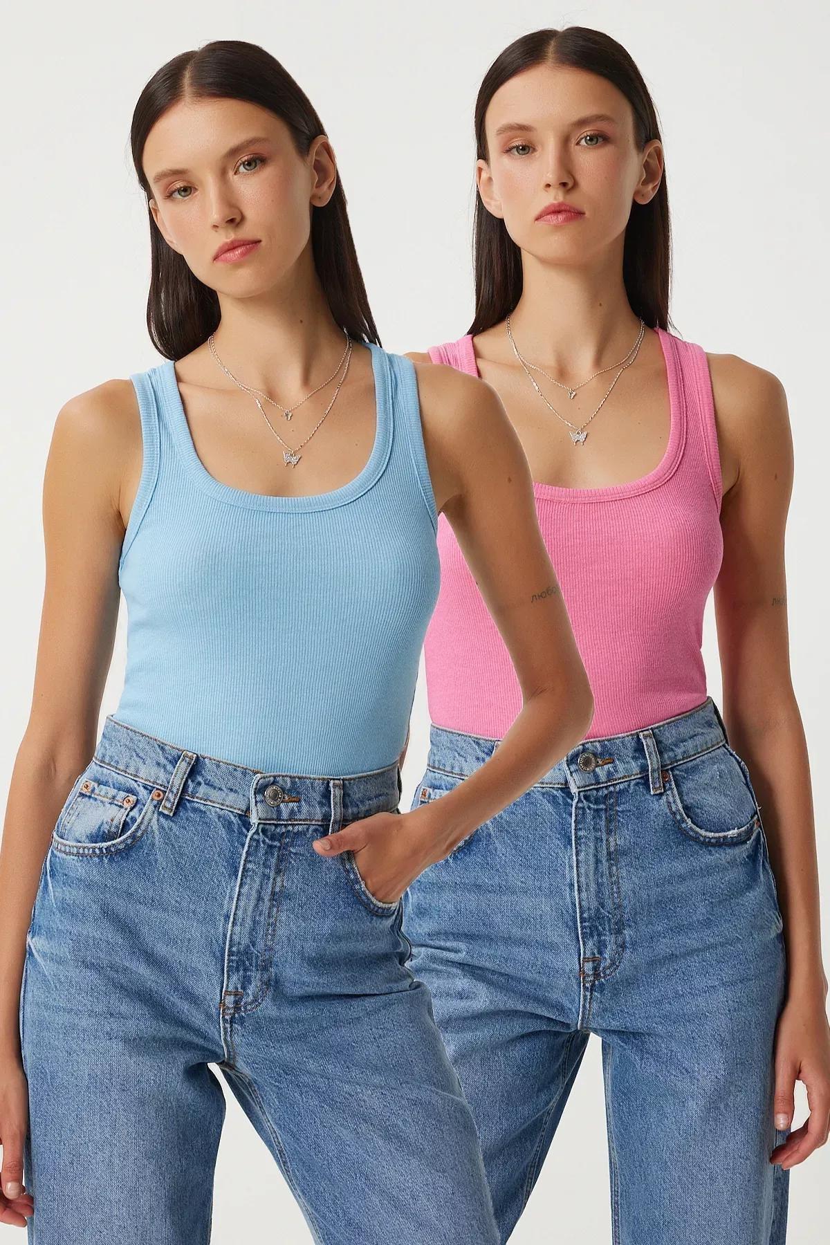 Blue Ribbed Strappy Knitted Undershirt, Set Of 2, , large image number 0