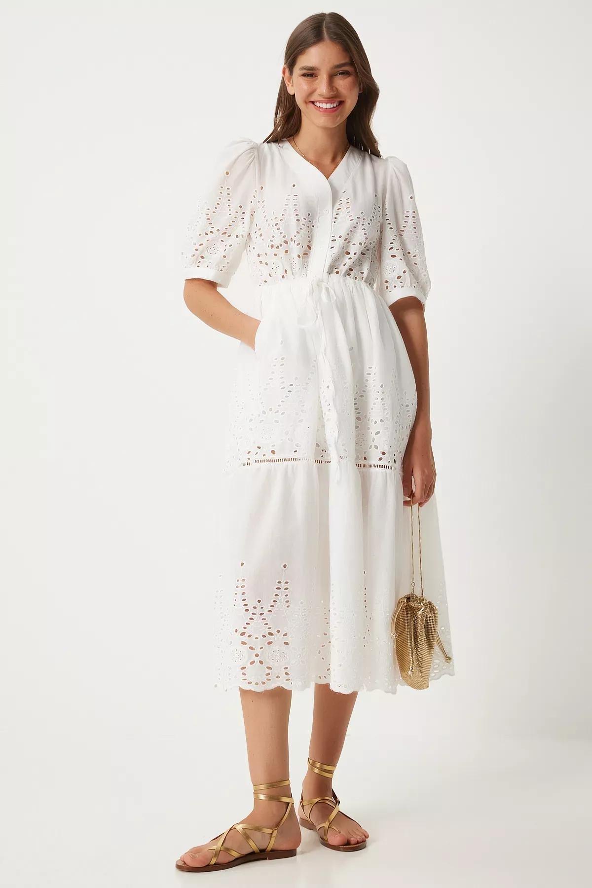 White V-Neck Pleated Scallop Dress, , medium