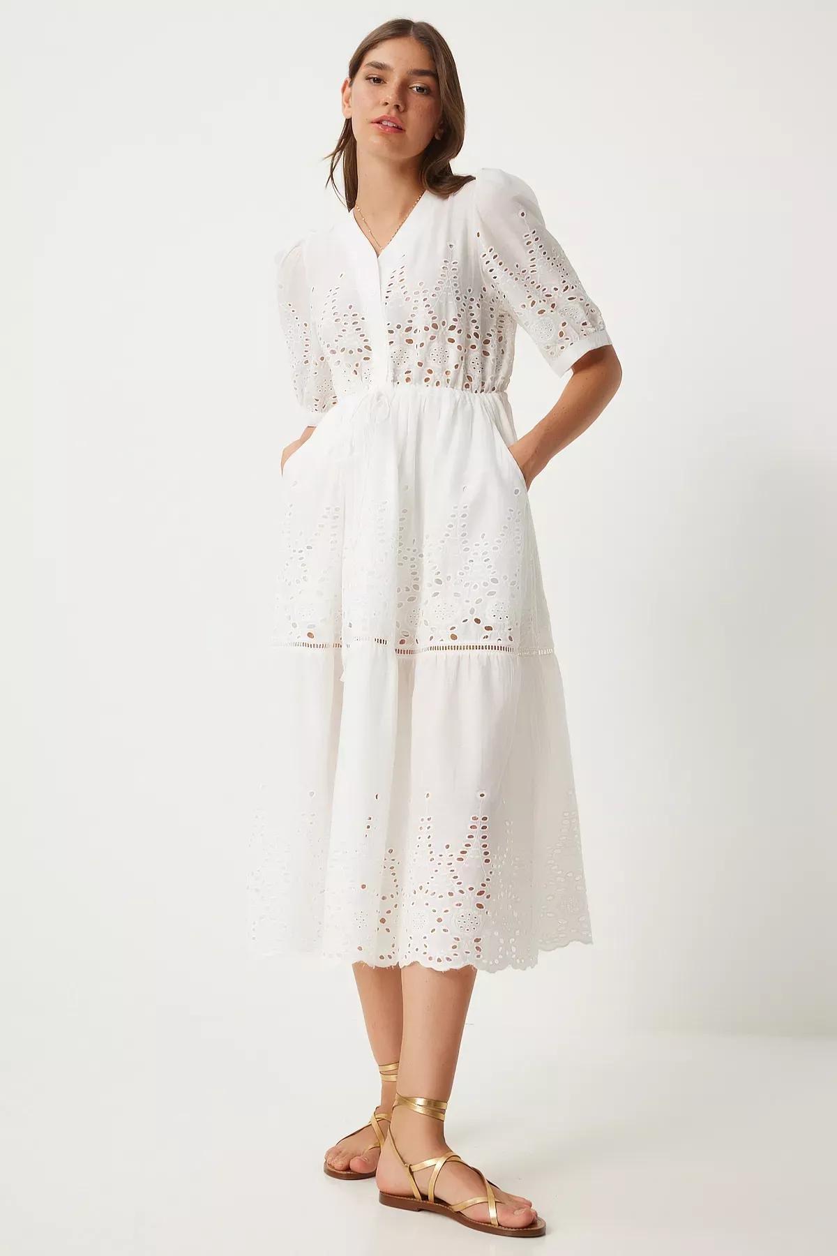 فستان بطيّات بحافة مموجة بفتحة رقبة V، أبيض, White, large image number 2