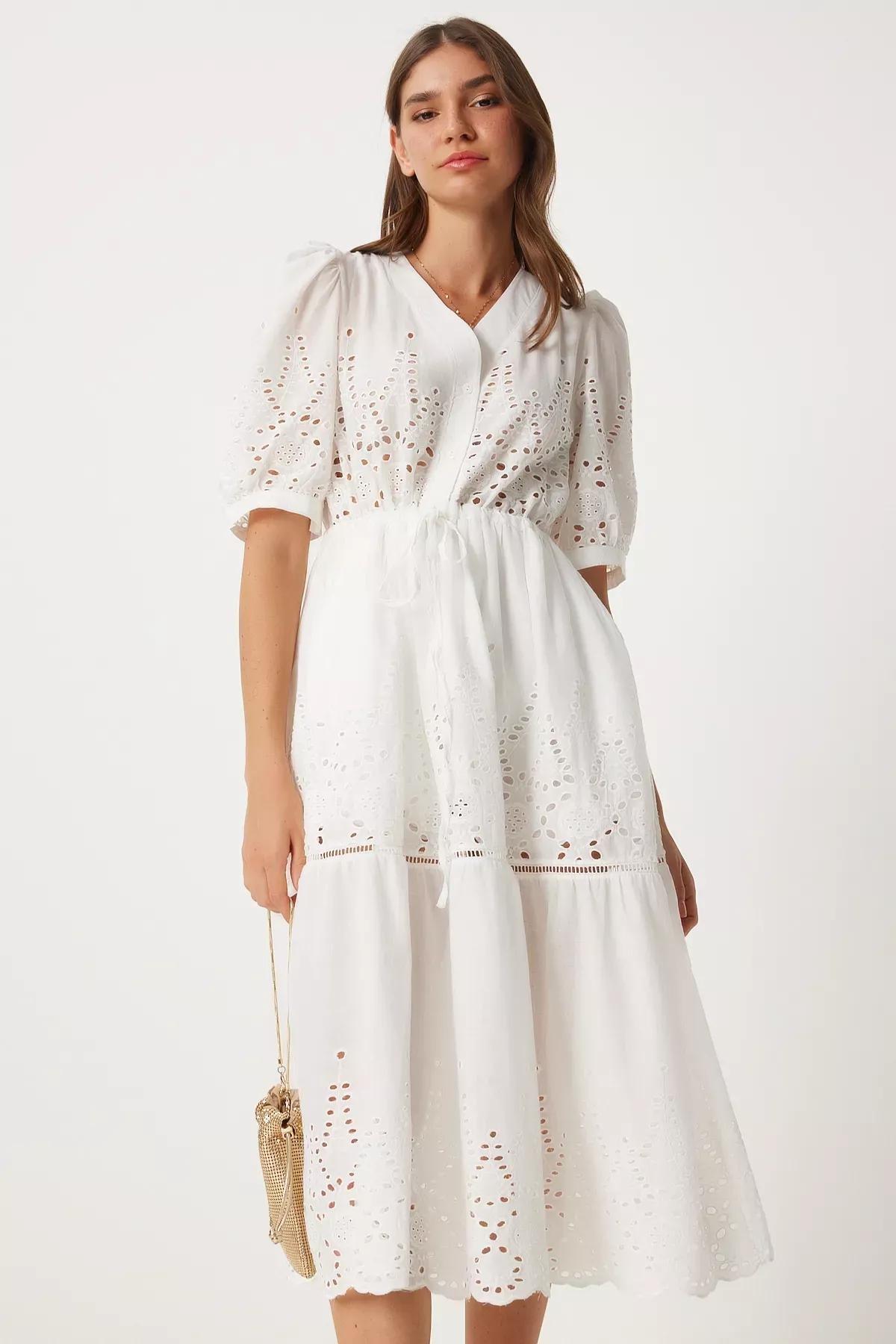 فستان بطيّات بحافة مموجة بفتحة رقبة V، أبيض, White, large image number 3