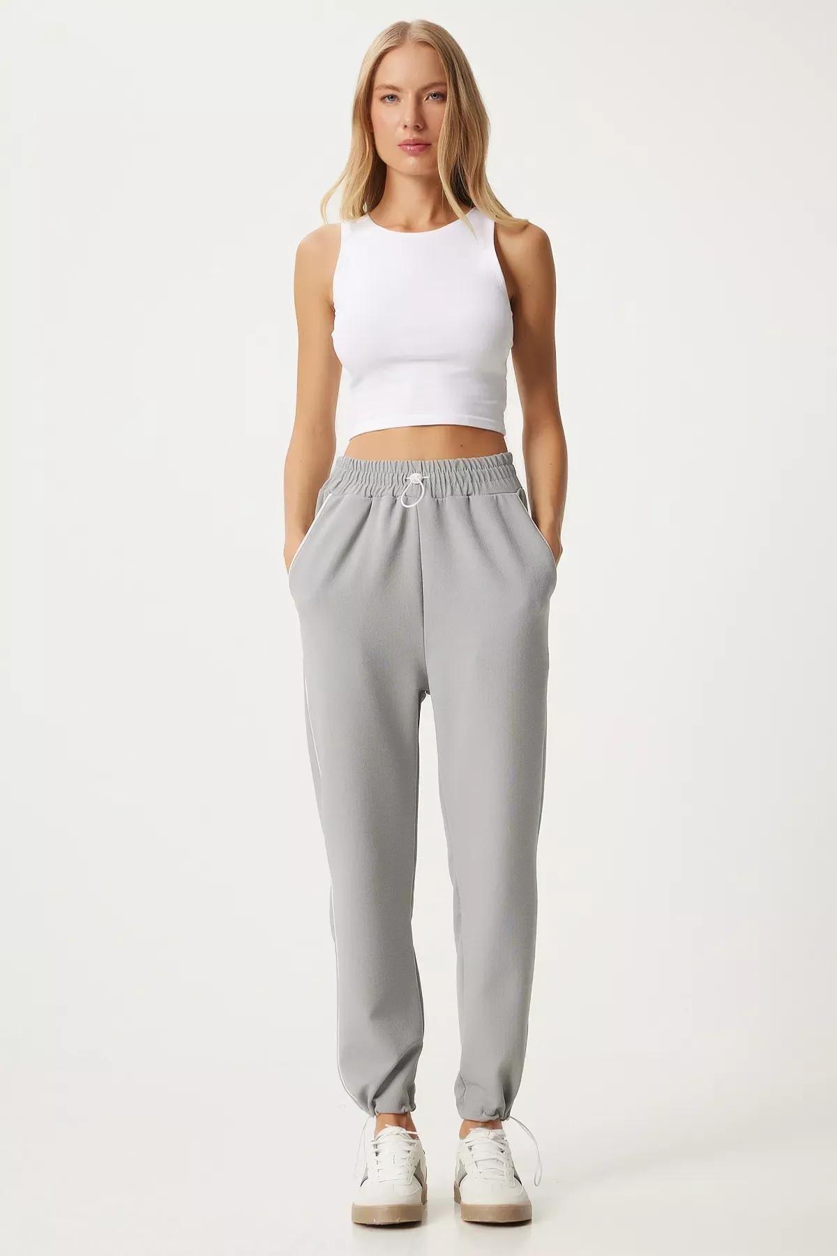 Grey Stripe Knit Sweatpants, Grey, large image number 2