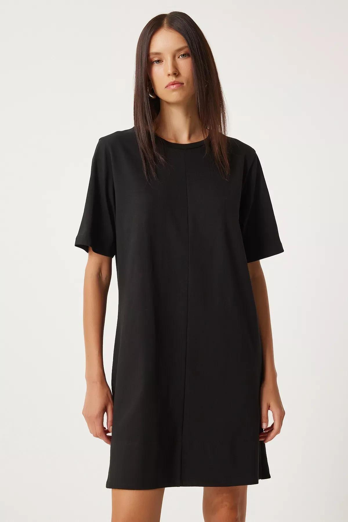 Black Crew Neck Combed Cotton Dress, , large image number 0