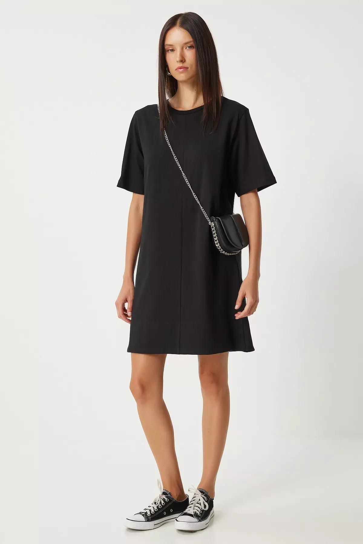 Black Crew Neck Combed Cotton Dress, , large image number 1