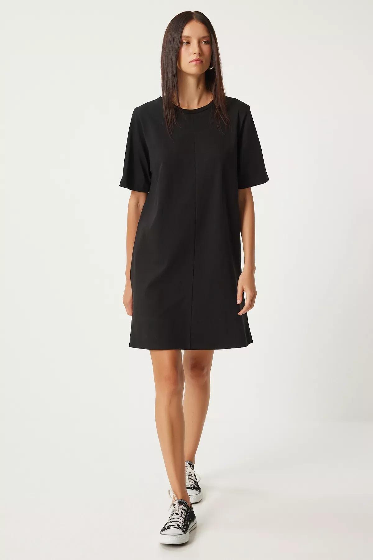 Black Crew Neck Combed Cotton Dress, , large image number 2