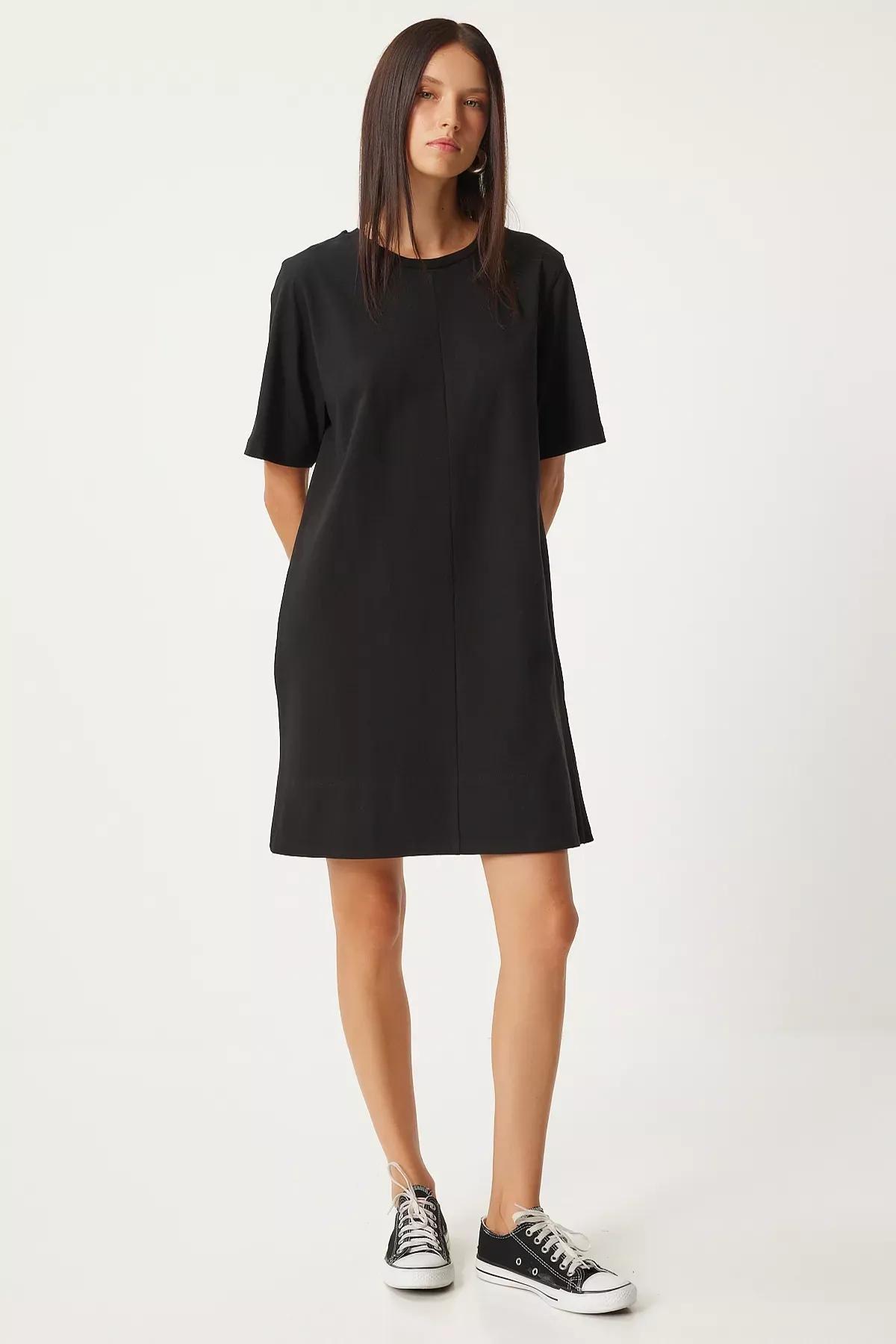 Black Crew Neck Combed Cotton Dress, , large image number 3