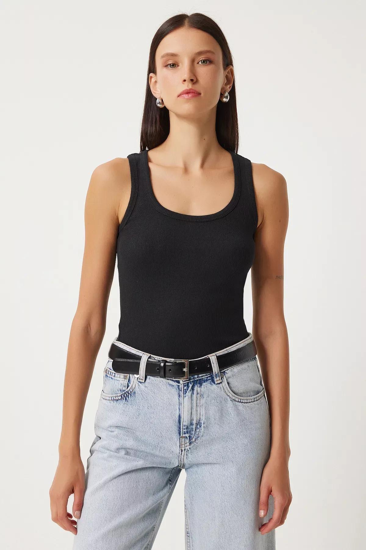 Black Ribbed Strappy Knitted Undershirt, , large image number 0