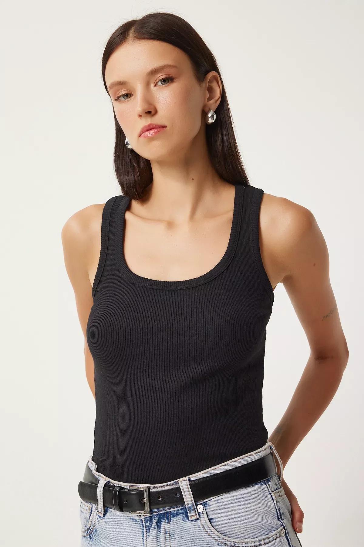 Black Ribbed Strappy Knitted Undershirt, , large image number 1