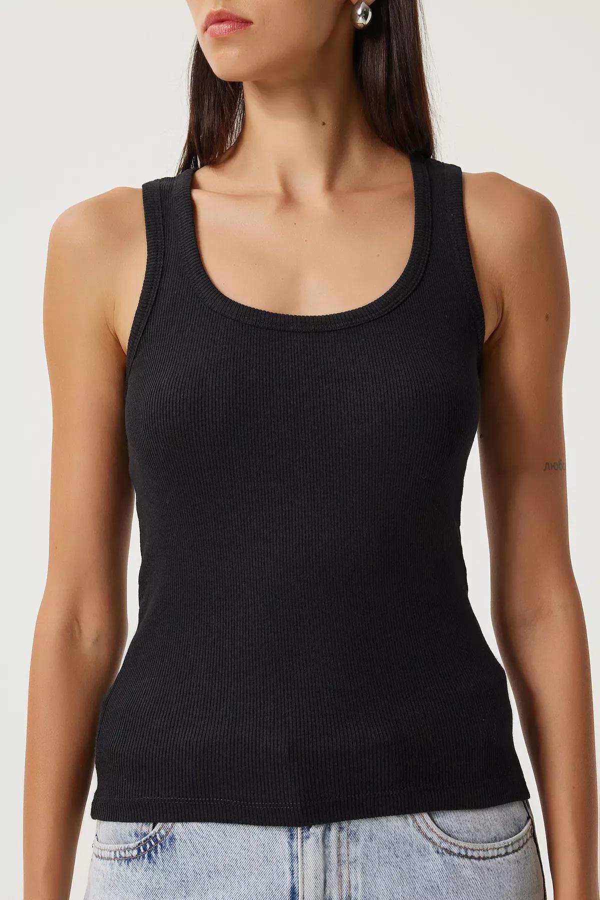 Black Ribbed Strappy Knitted Undershirt, , large image number 2