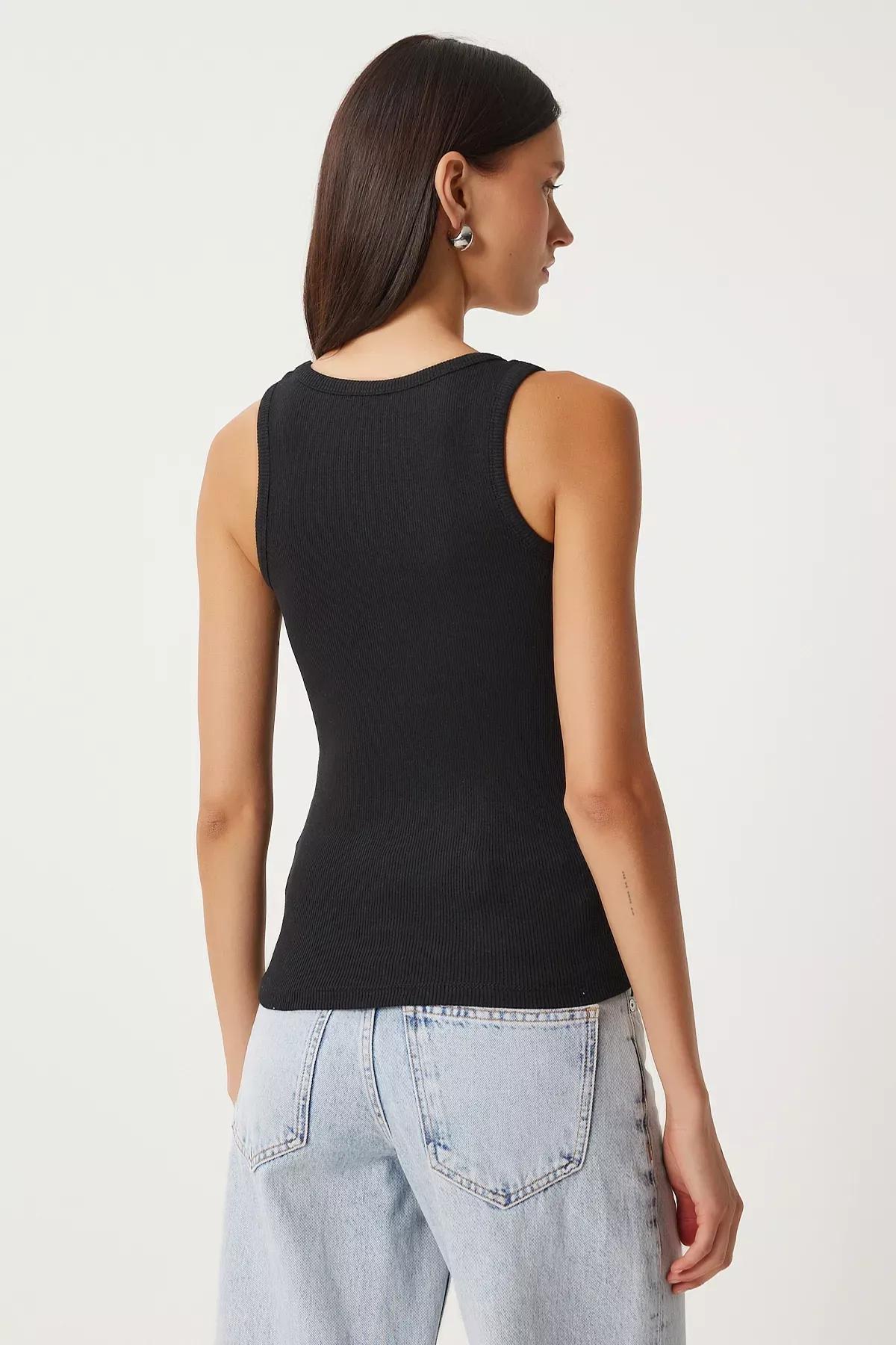 Black Ribbed Strappy Knitted Undershirt, , large image number 4