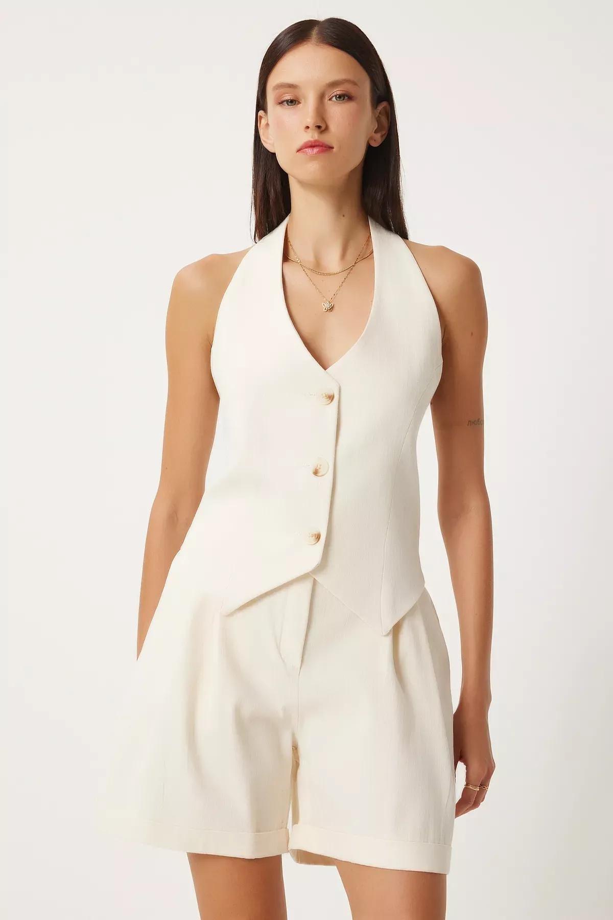 Cream Linen Vest Shorts Set, , large image number 0