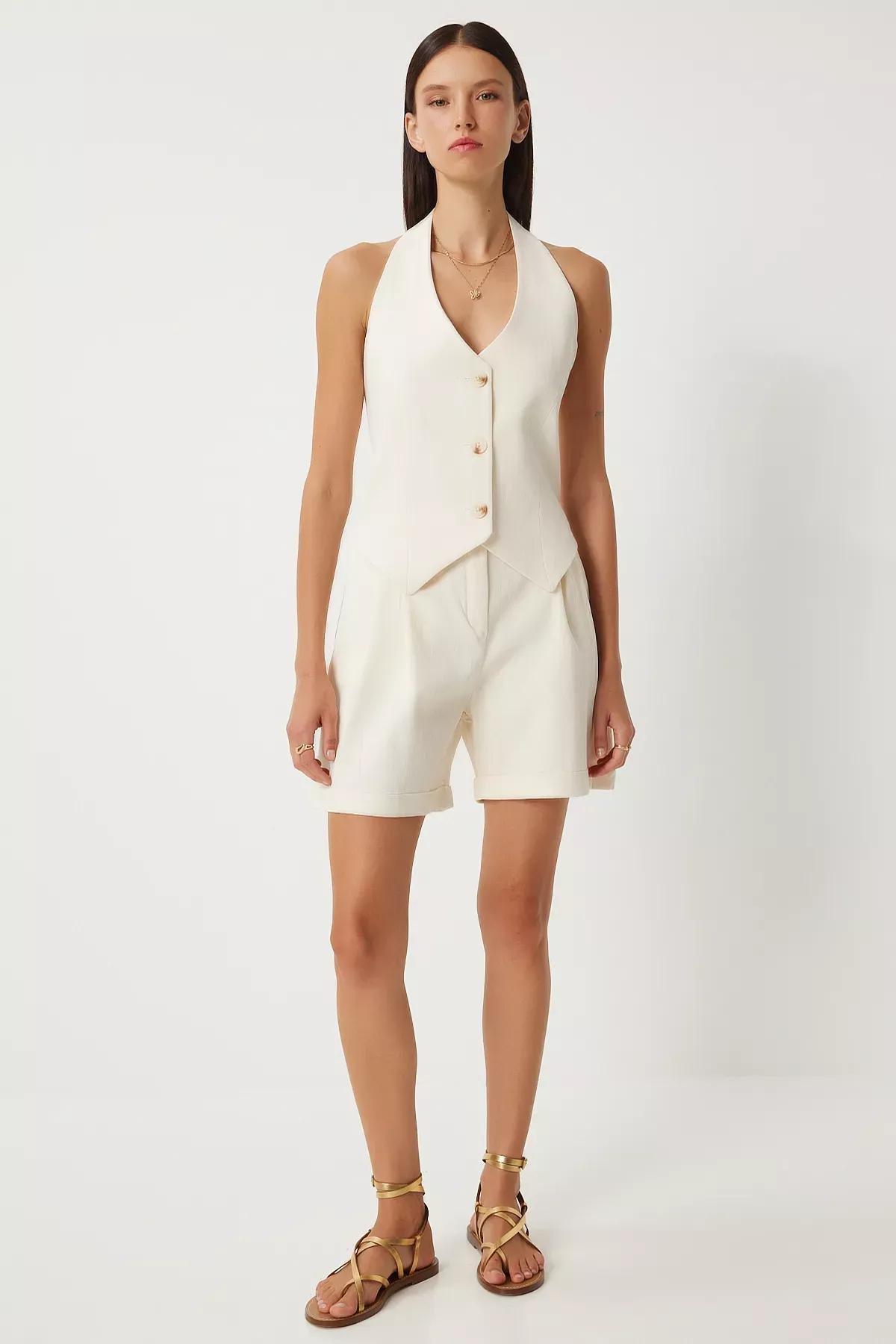 Cream Linen Vest Shorts Set, , large image number 2