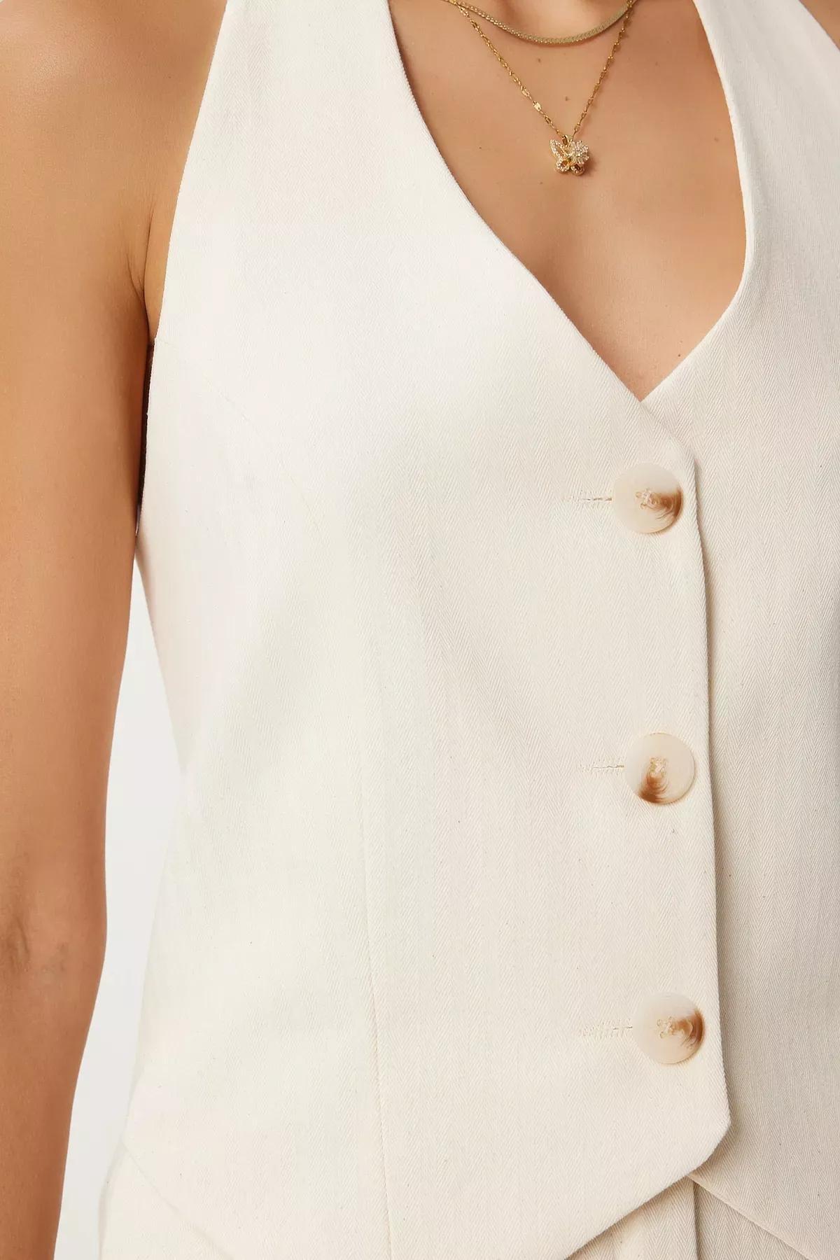 Cream Linen Vest Shorts Set, , large image number 3