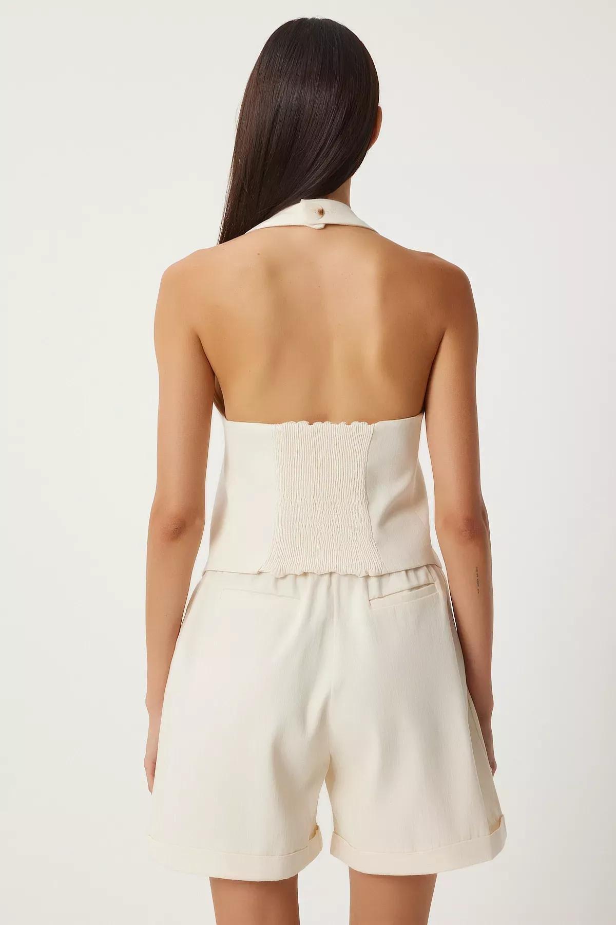 Cream Linen Vest Shorts Set, , large image number 5