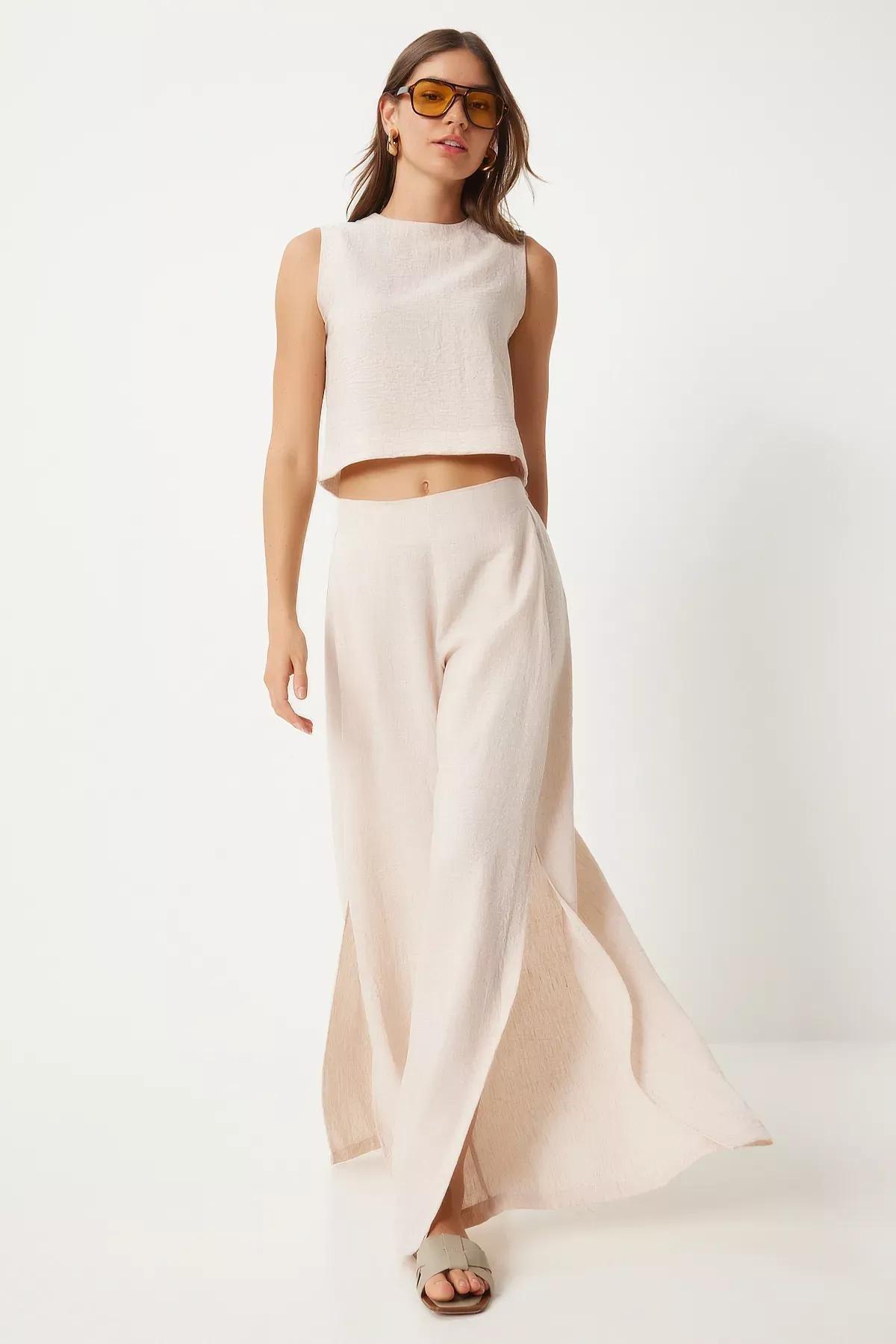 Cream linen blouse wide trousers, Cream, large image number 0