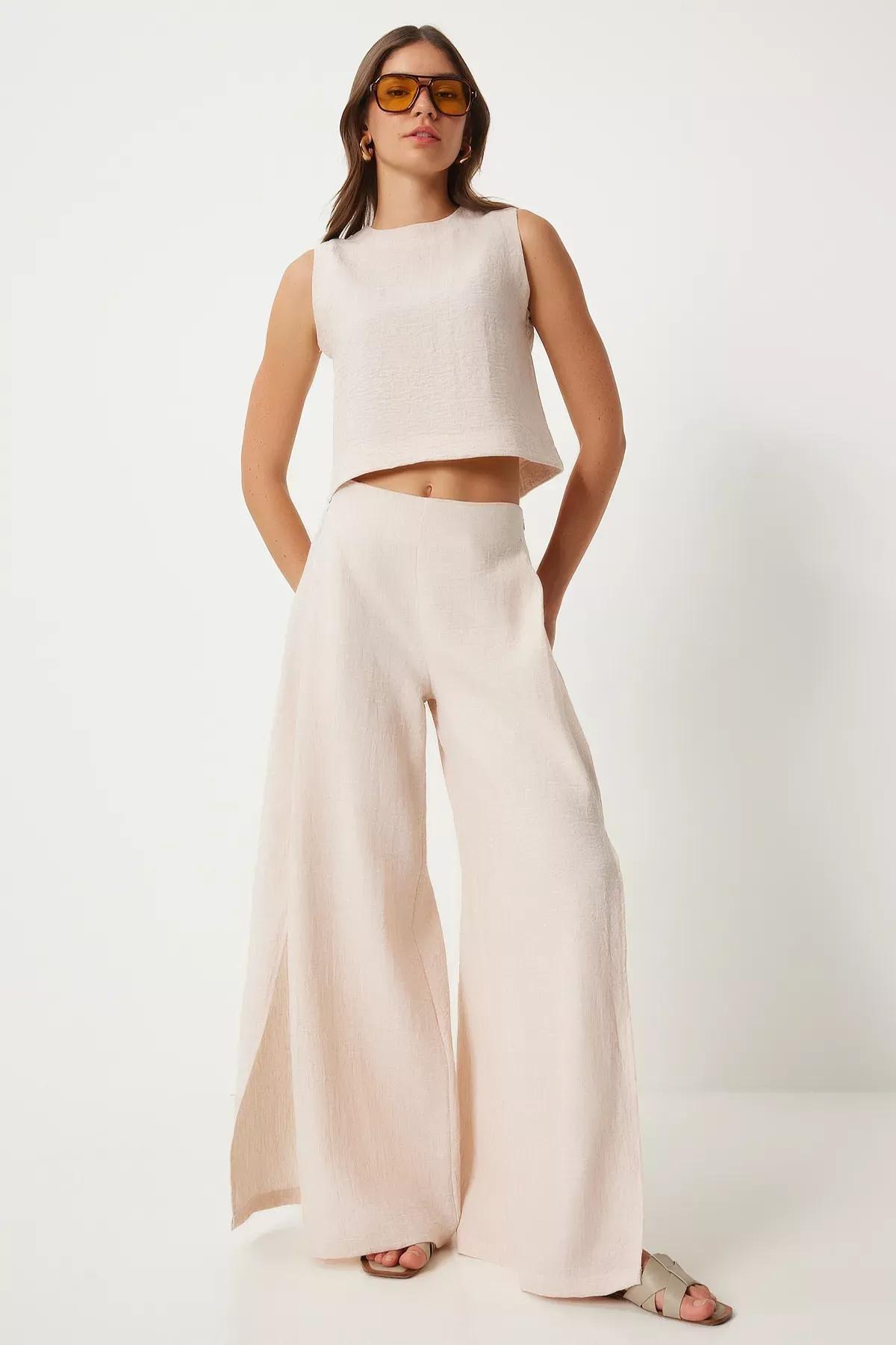 Cream linen blouse wide trousers, Cream, large image number 1