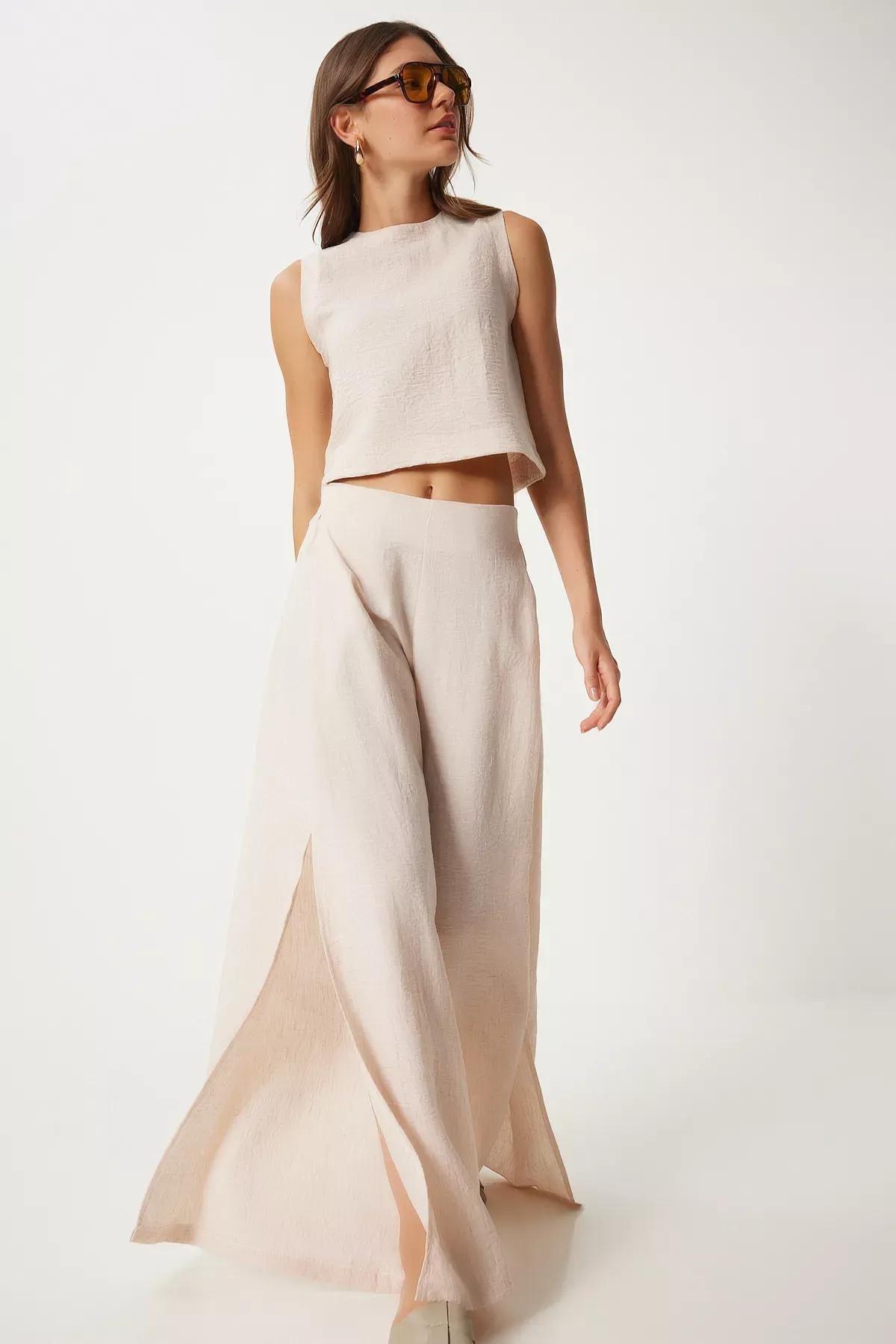 Cream linen blouse wide trousers, Cream, large image number 2