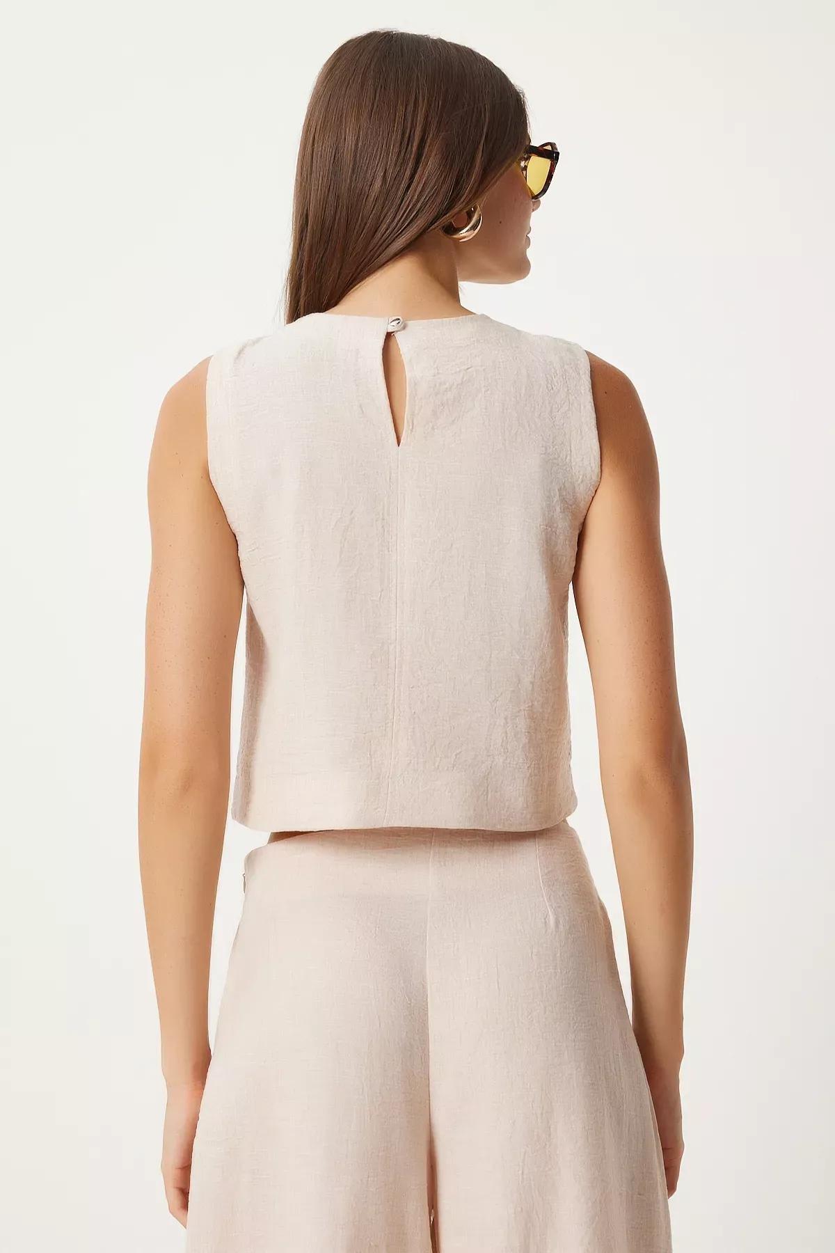 Cream linen blouse wide trousers, Cream, large image number 5