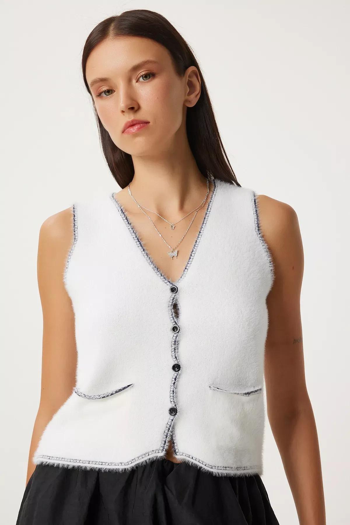 Beige V-Neck Bearded Knit Vest, Ecru, large image number 0
