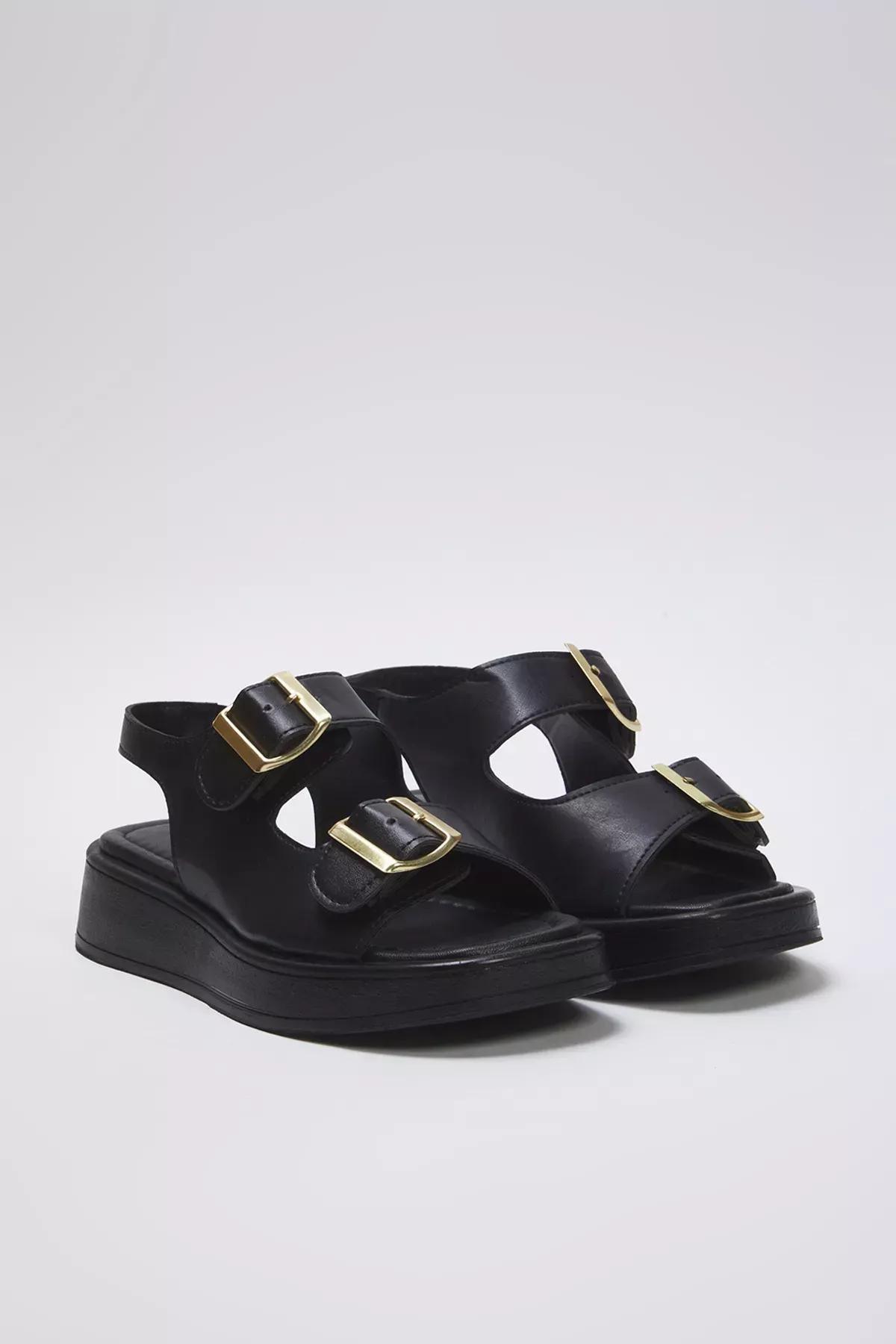 Black Double Buckle Sandals, BLACK, medium