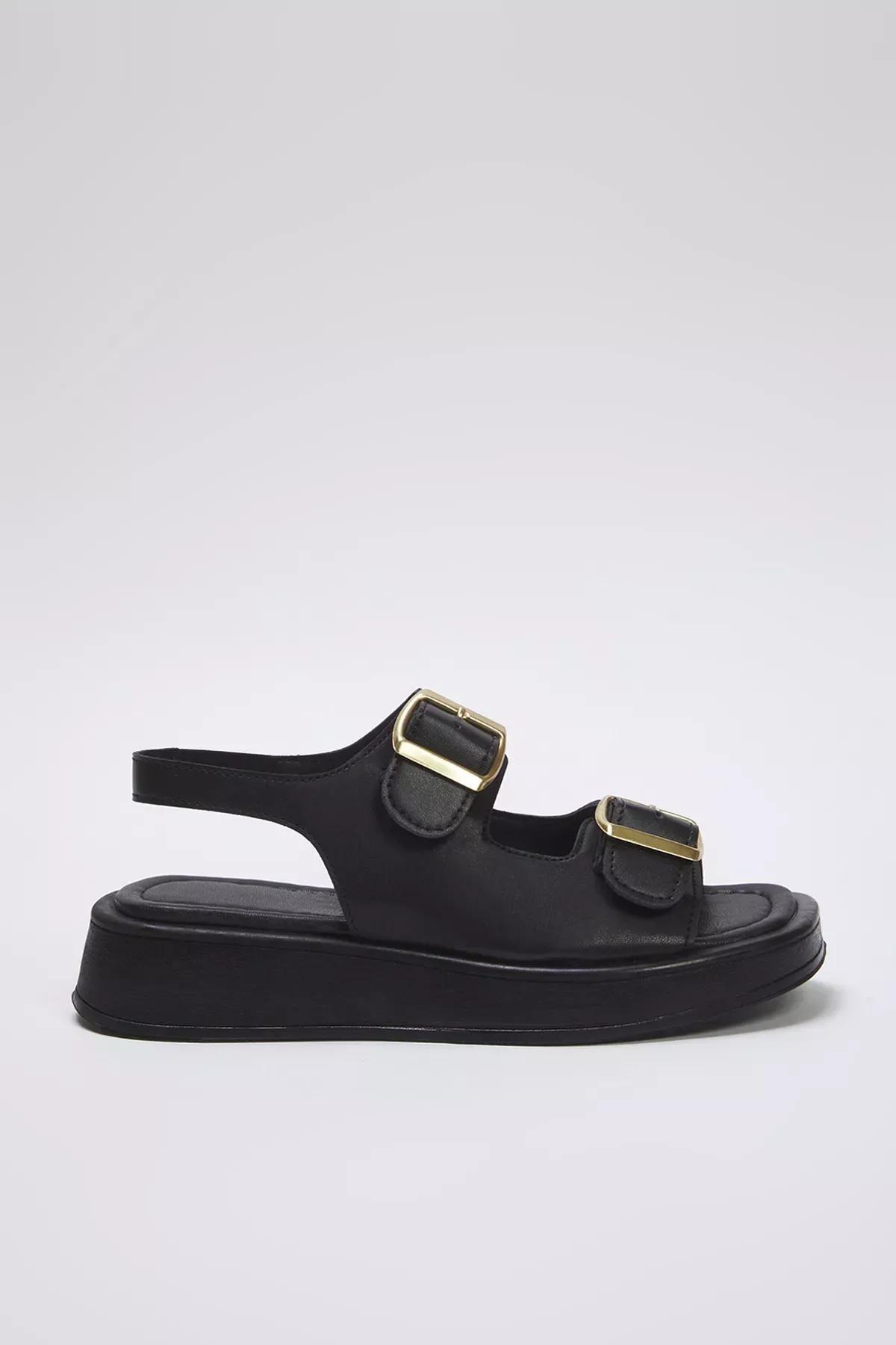 Black Double Buckle Sandals, BLACK, medium