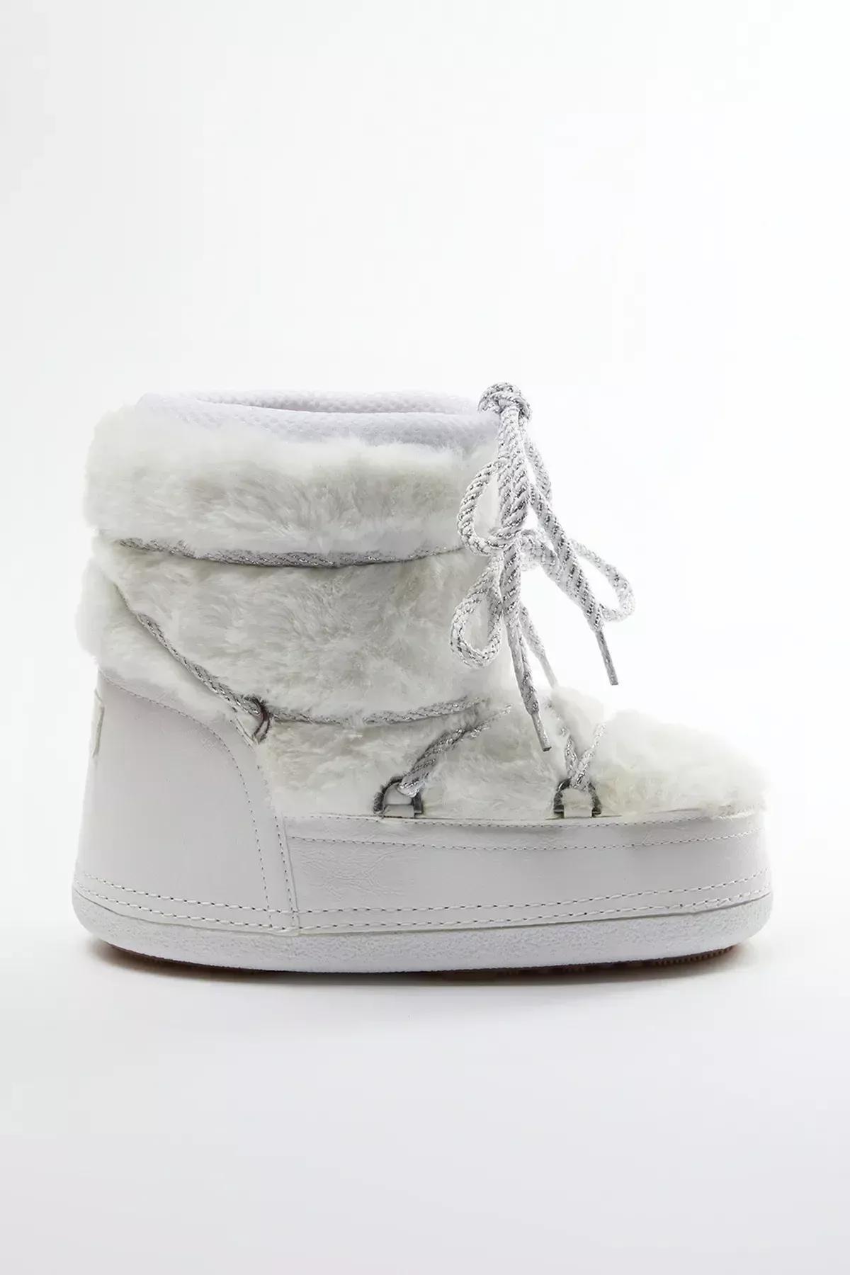 Beige Fur Laced Womens Snow Boots, Ecru, large image number 6