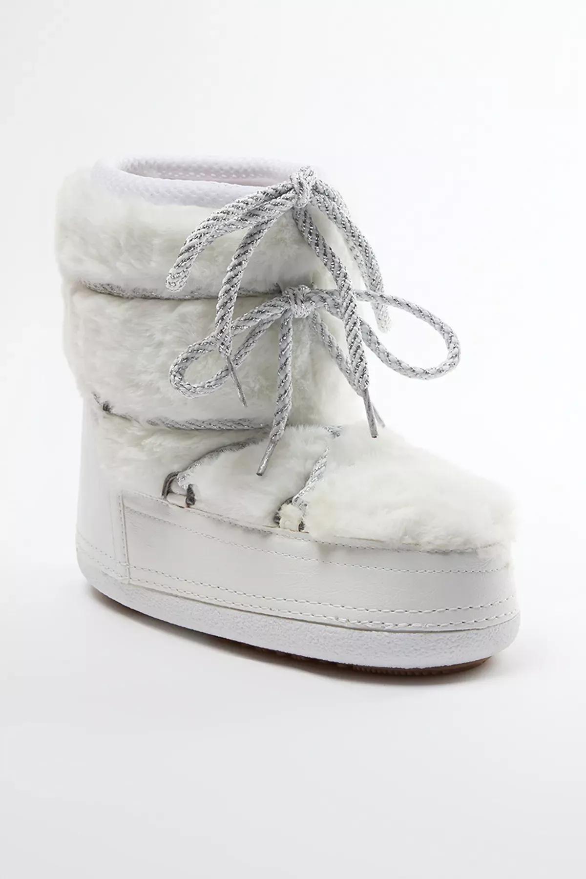 Beige Fur Laced Womens Snow Boots, Ecru, large image number 8