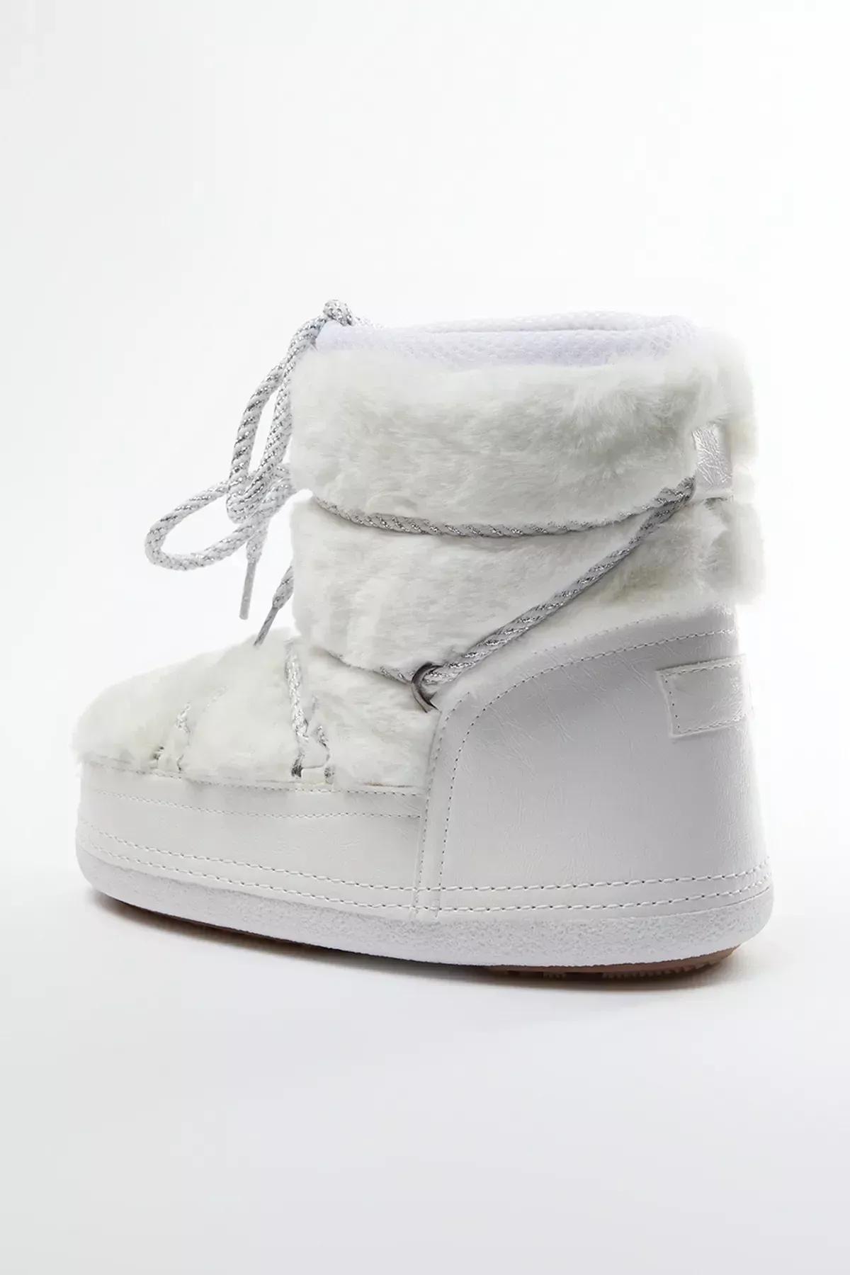 Beige Fur Laced Womens Snow Boots, Ecru, large image number 9