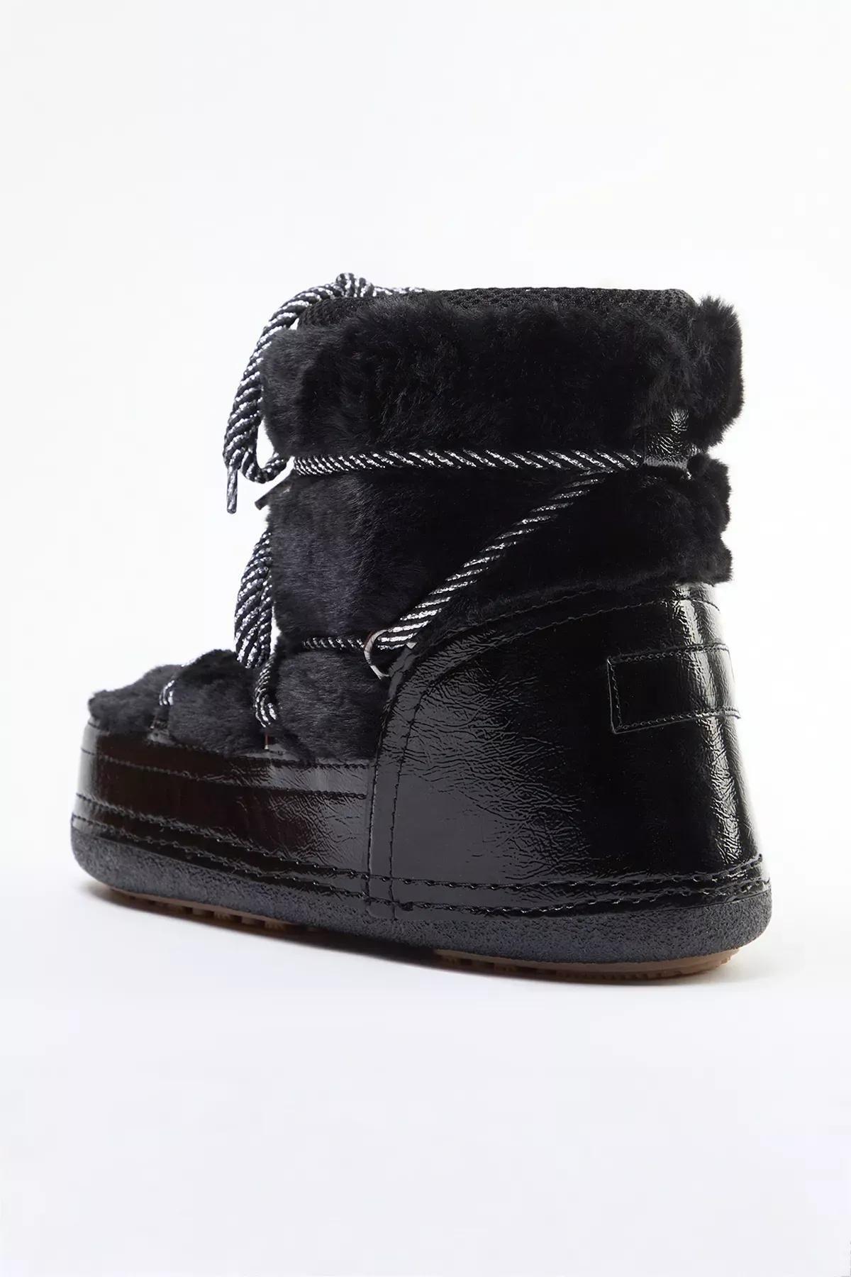 Black Fur Laced Plush Snow Boots, , large image number 3