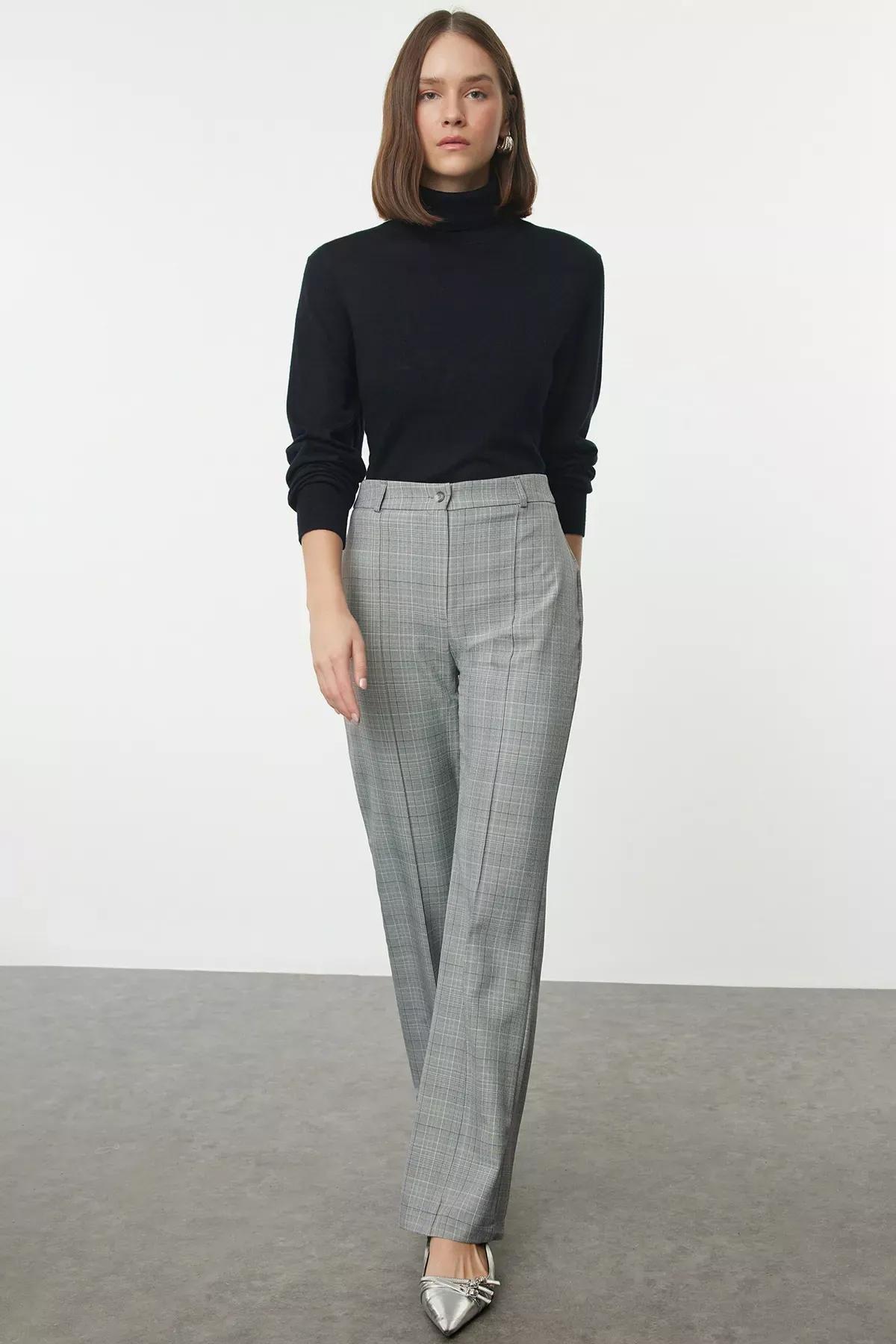 Grey Plaid Straight Woven Trousers, , large image number 0