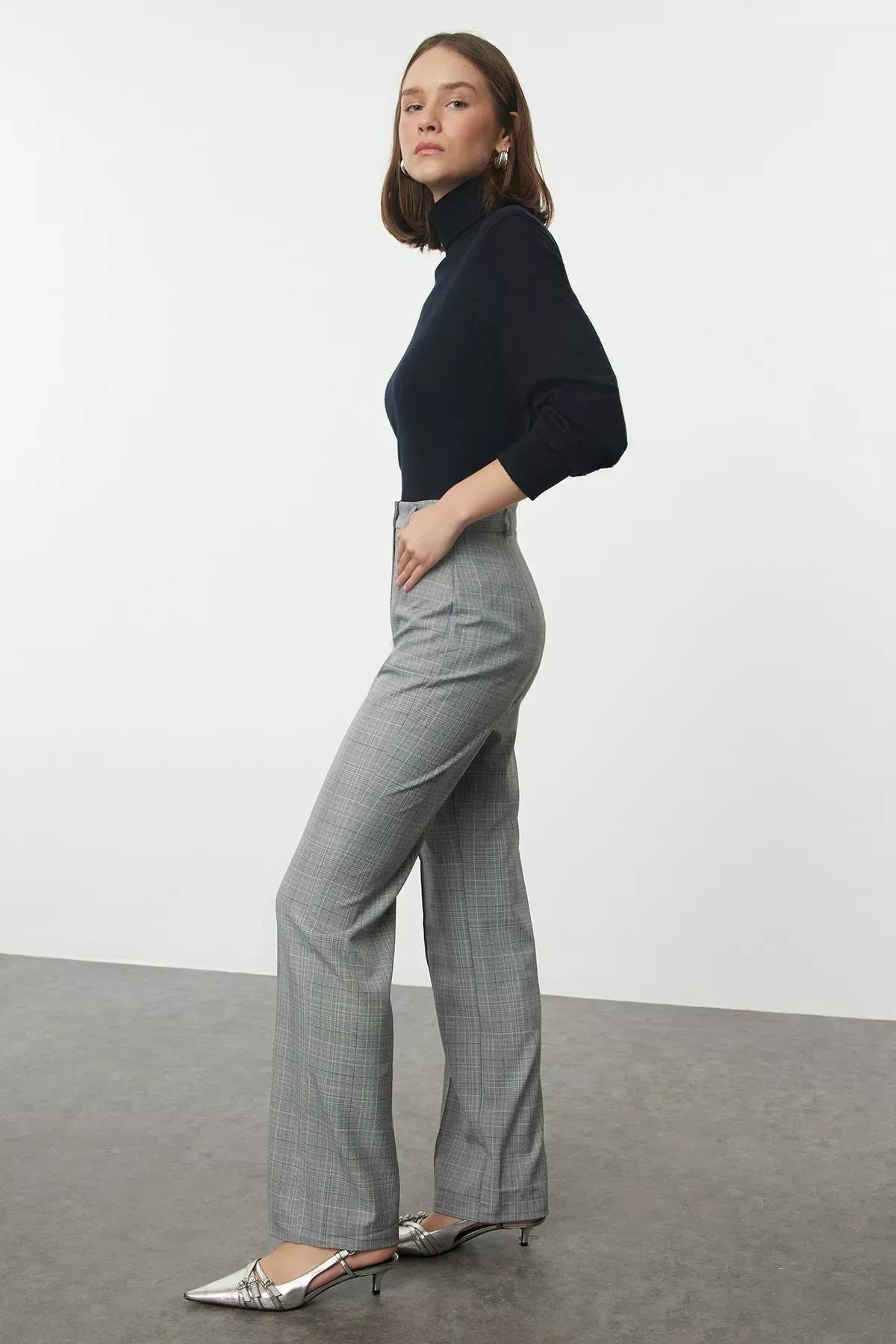 Grey Plaid Straight Woven Trousers, , large image number 1