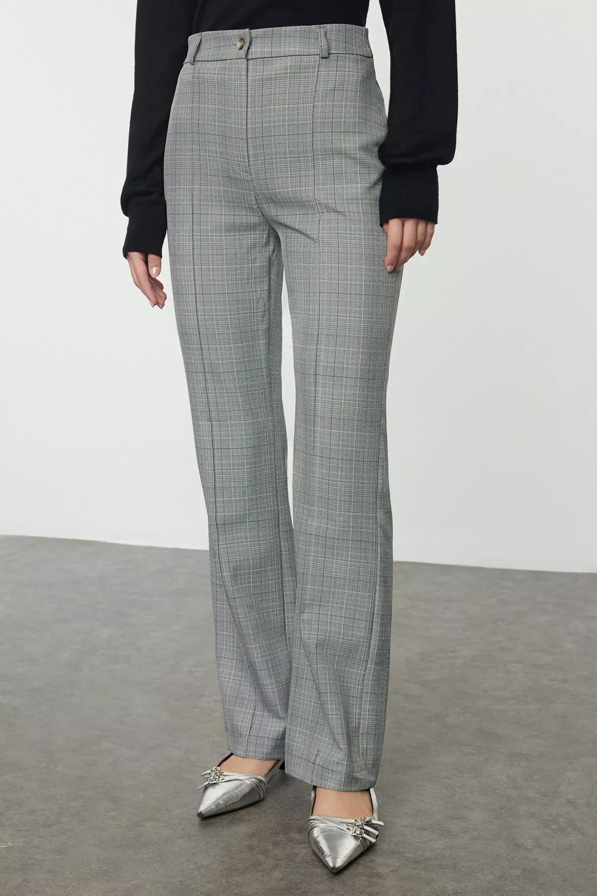 Grey Plaid Straight Woven Trousers, , large image number 2